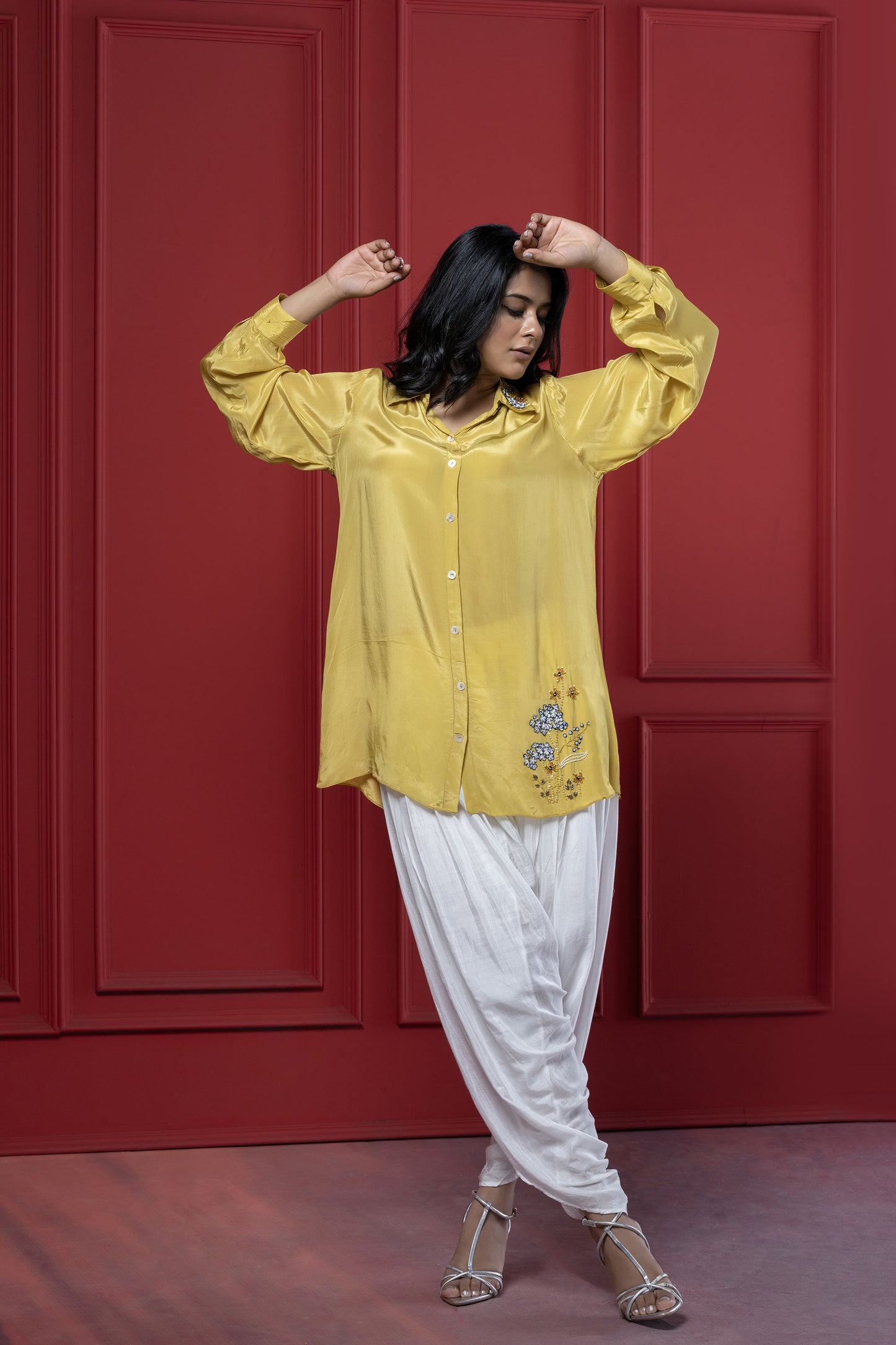 Yellow Floral Dhoti Set