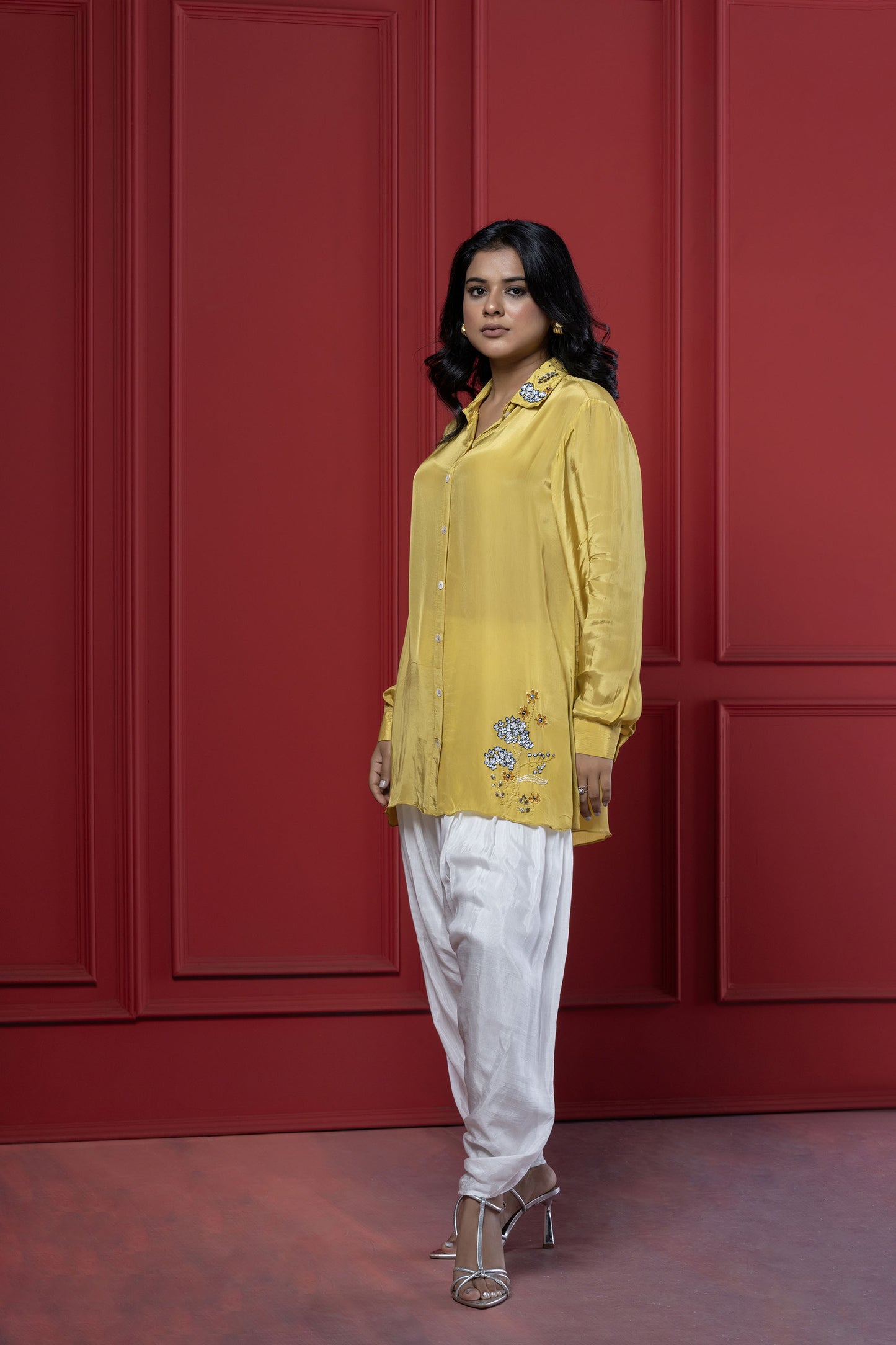 Yellow Floral Dhoti Set