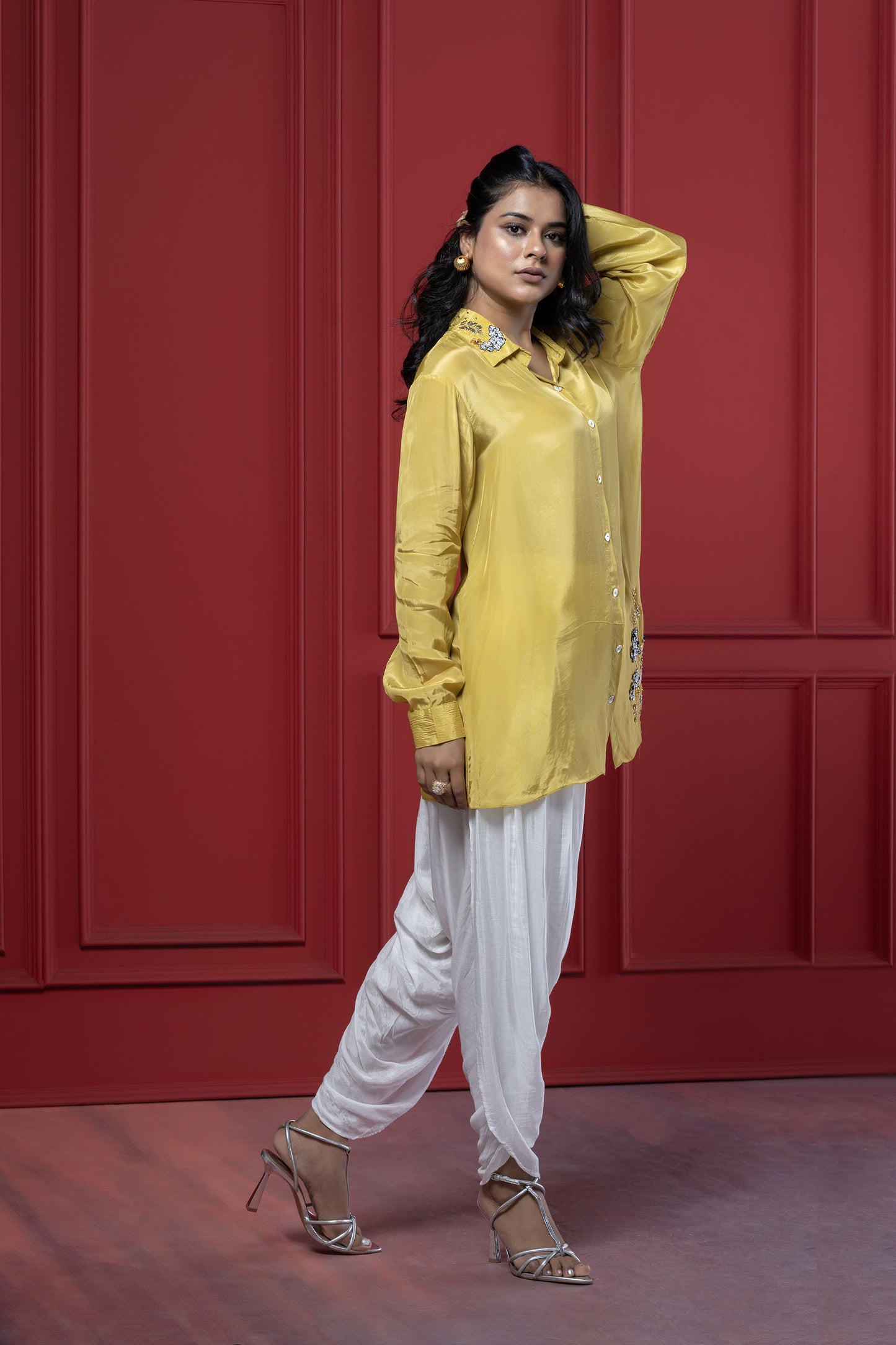 Yellow Floral Dhoti Set