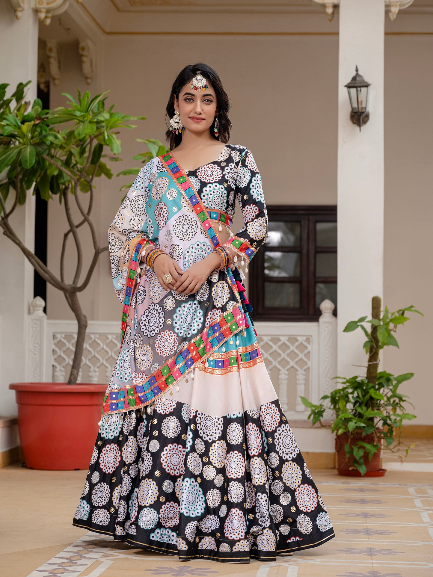 Black & White Crepe Silk Foil Printed Navratri Chaniya Choli