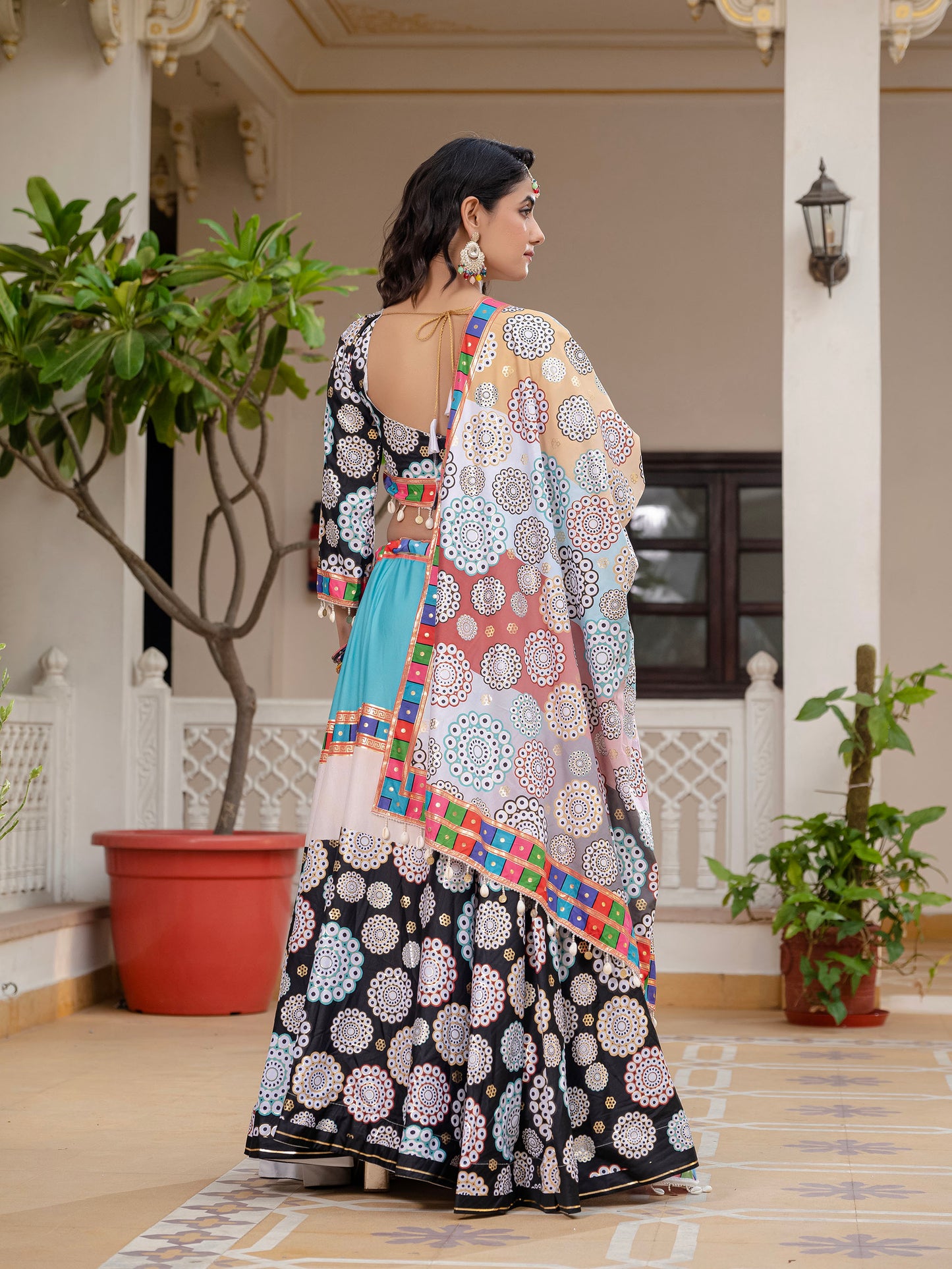 Black & White Crepe Silk Foil Printed Navratri Chaniya Choli