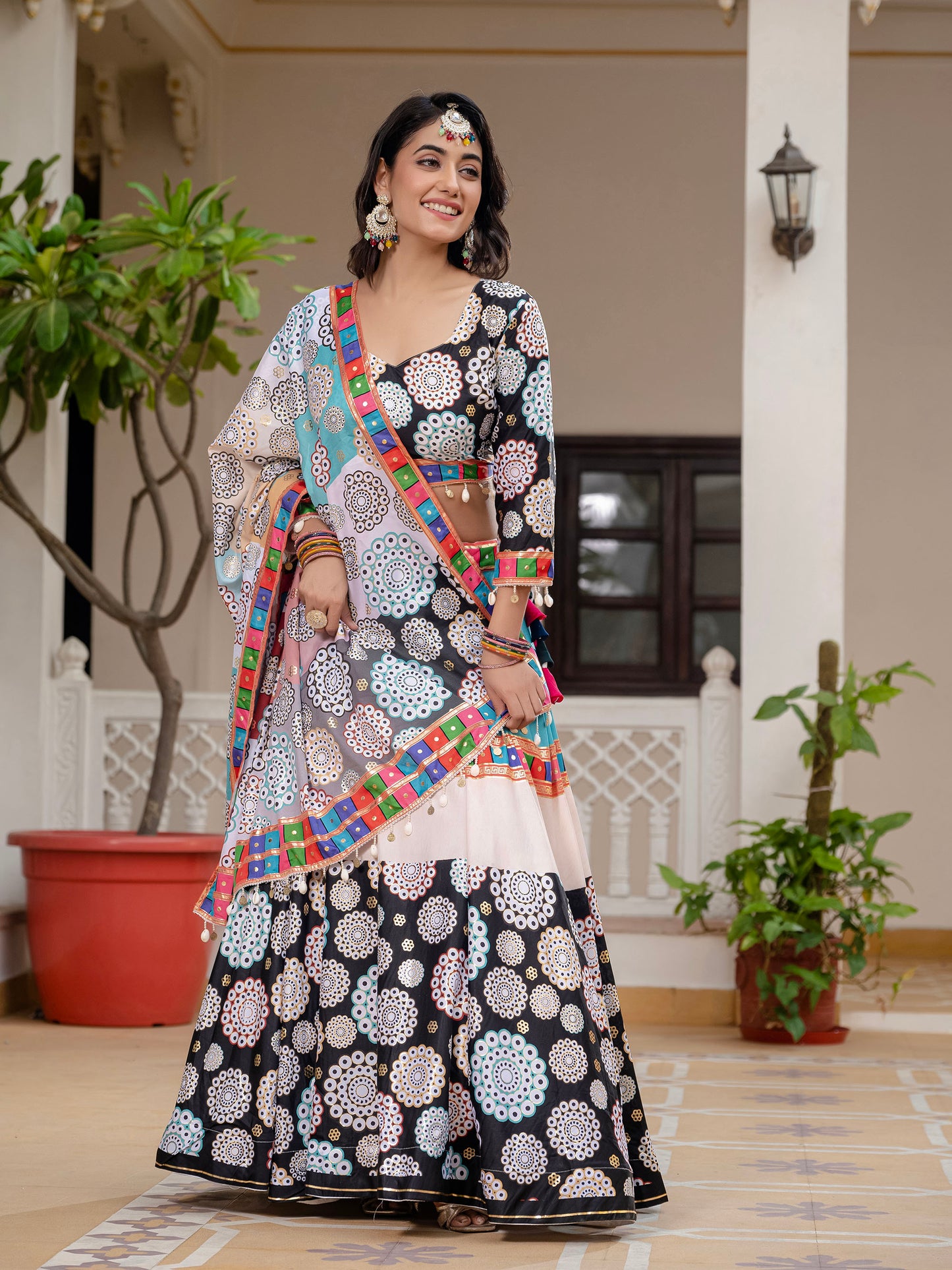 Black & White Crepe Silk Foil Printed Navratri Chaniya Choli