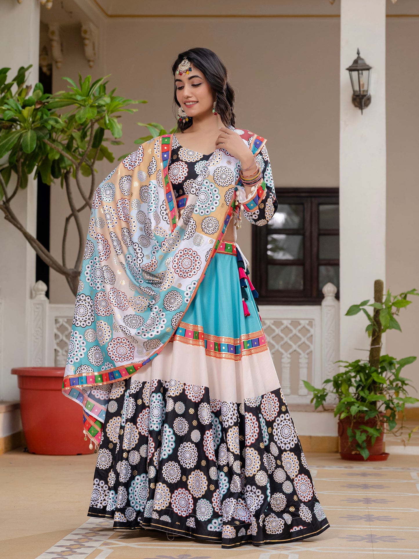 Black & White Crepe Silk Foil Printed Navratri Chaniya Choli