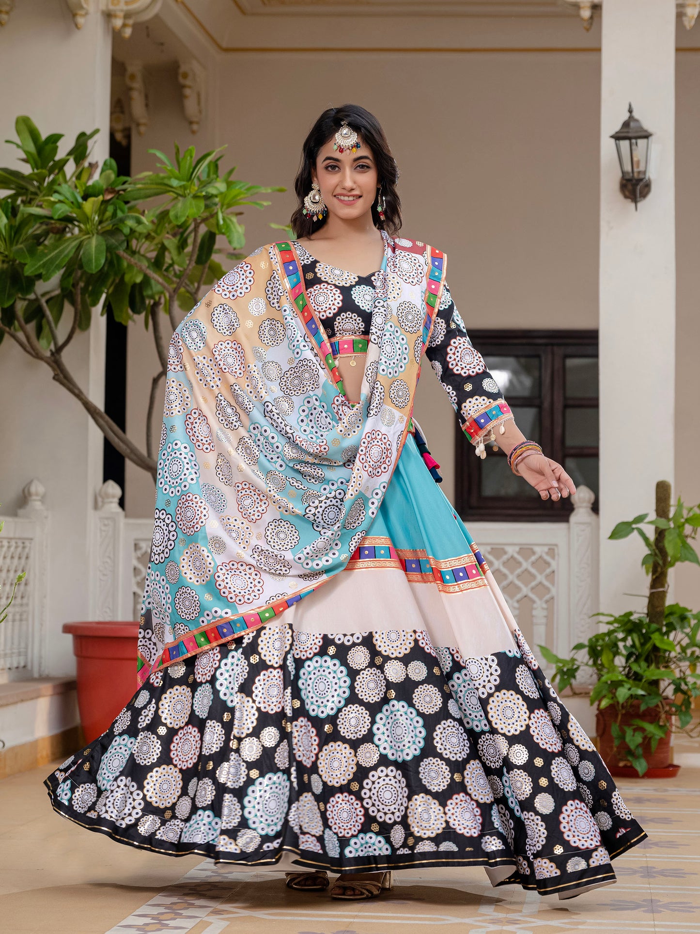 Black & White Crepe Silk Foil Printed Navratri Chaniya Choli
