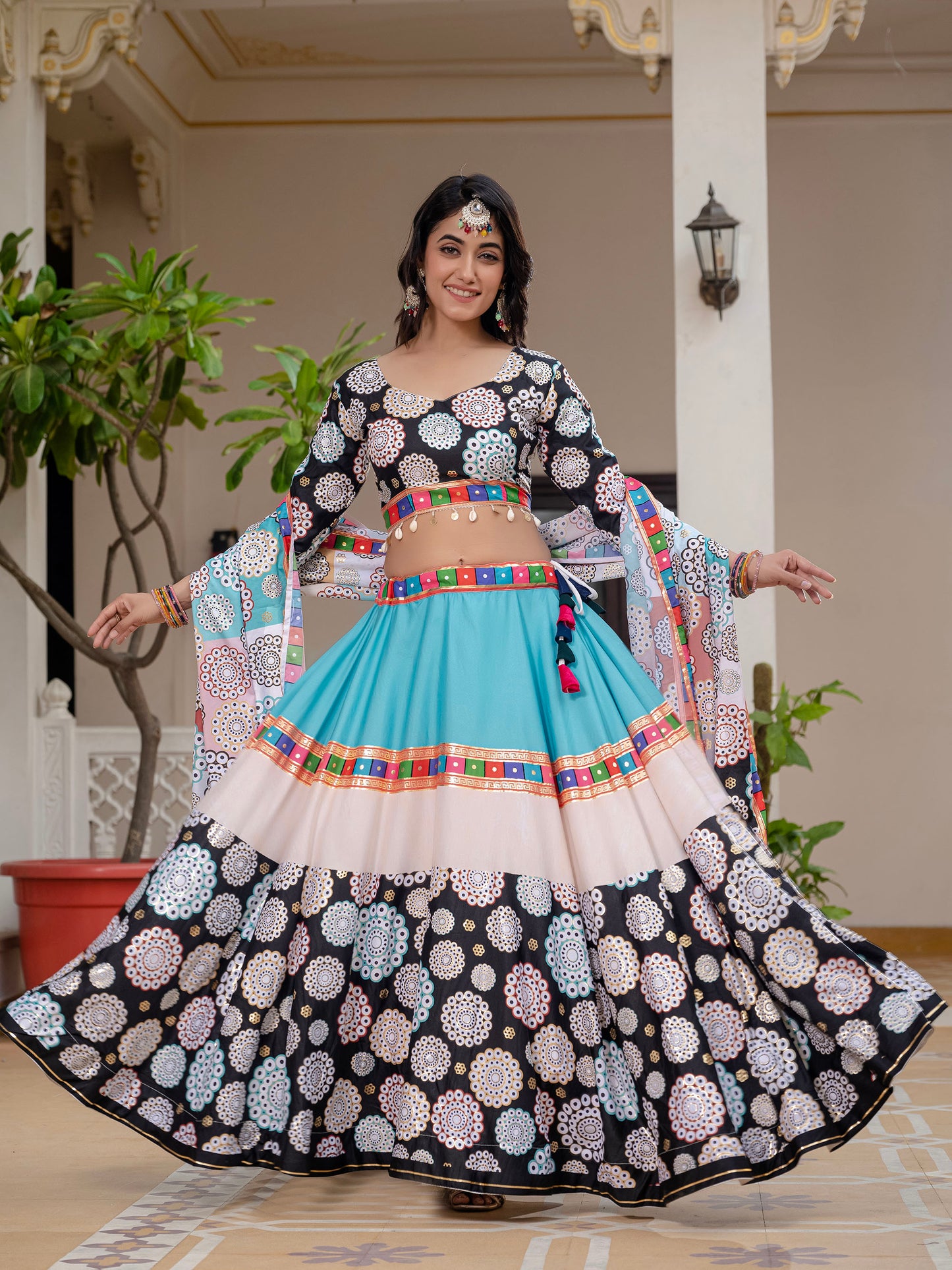 Black & White Crepe Silk Foil Printed Navratri Chaniya Choli