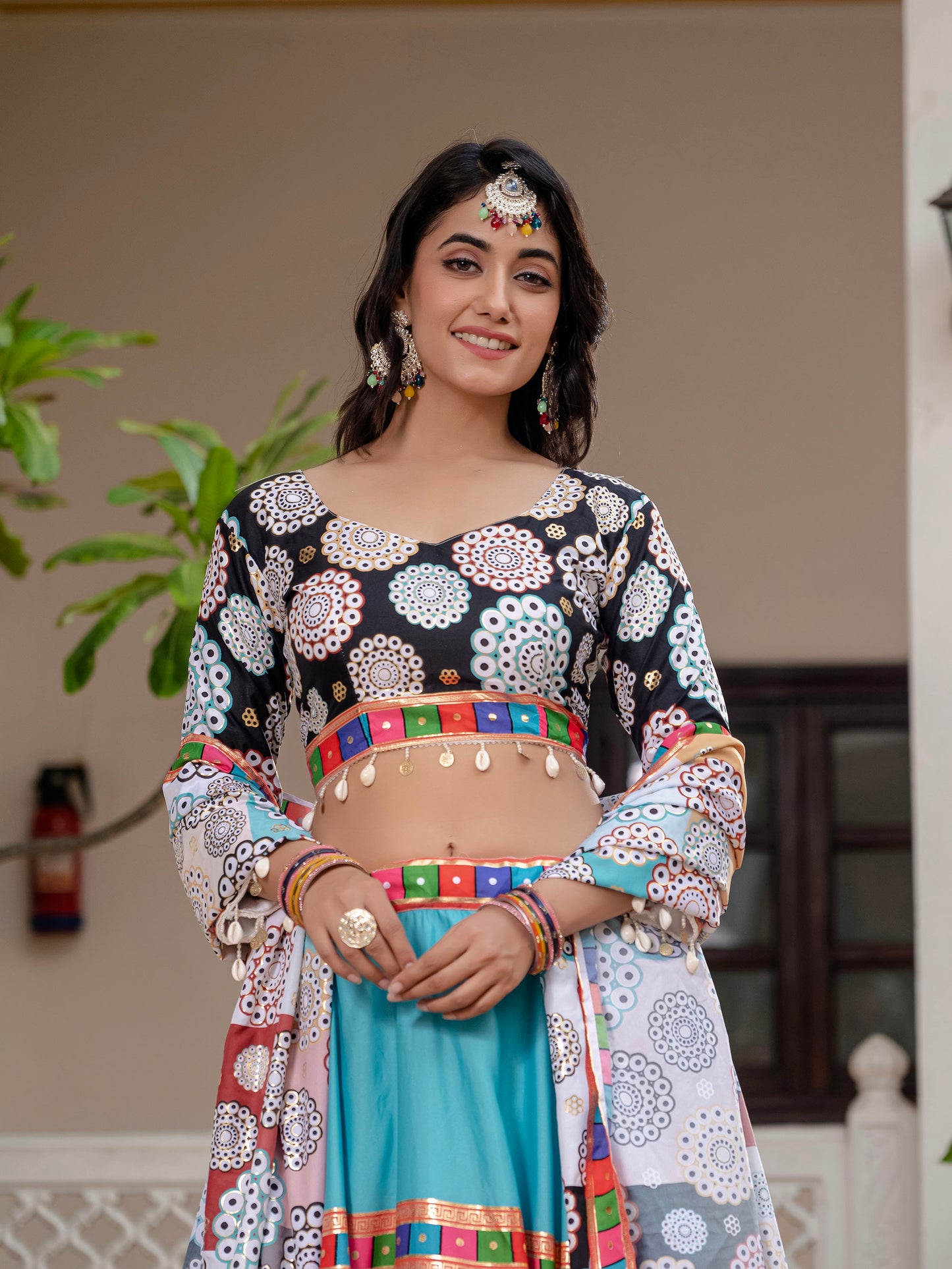 Black & White Crepe Silk Foil Printed Navratri Chaniya Choli