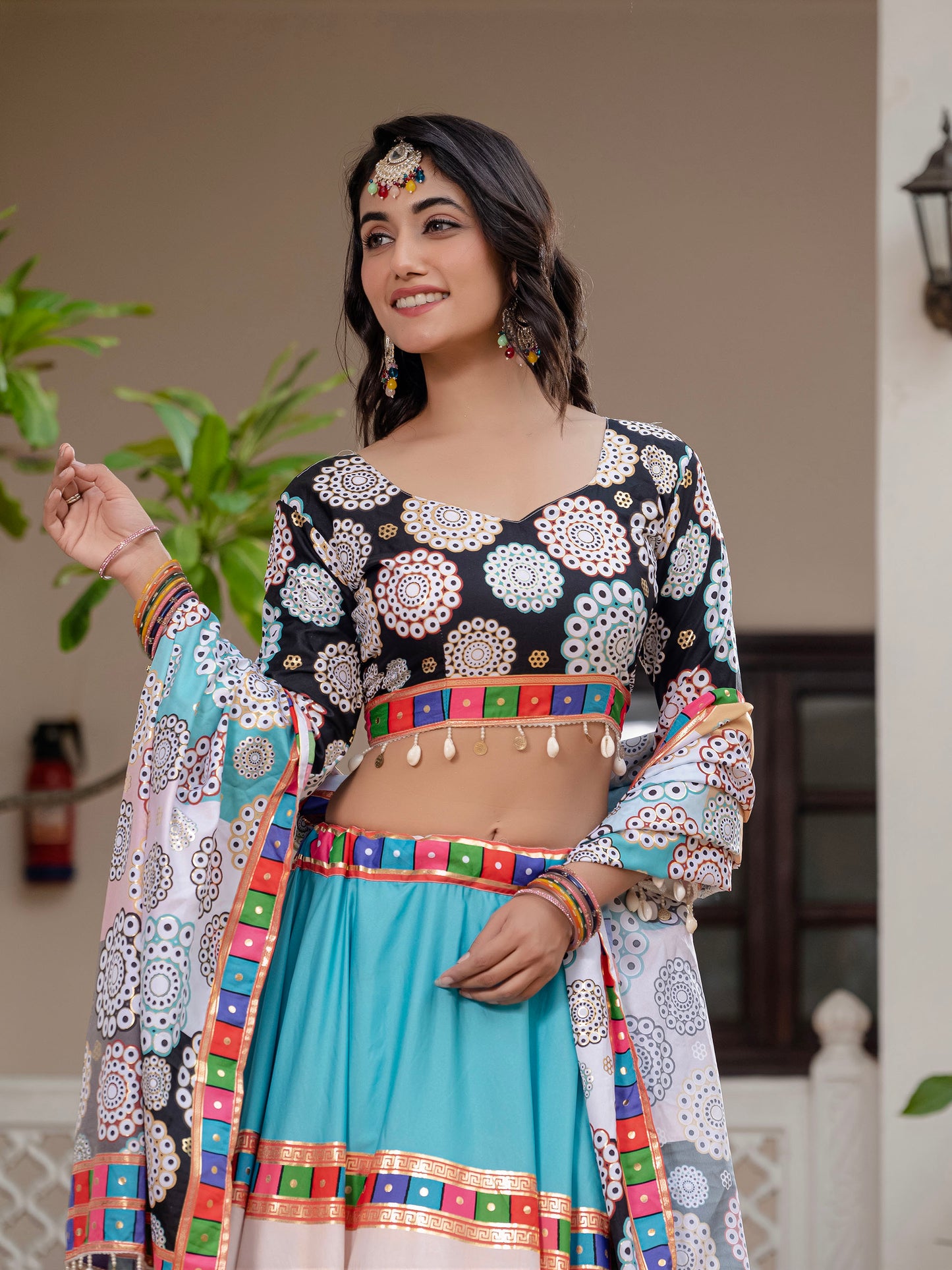 Black & White Crepe Silk Foil Printed Navratri Chaniya Choli