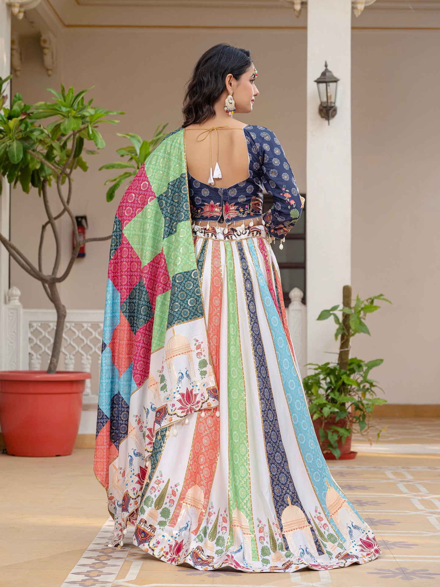 Blue & White Crepe Silk Foil Printed Navratri  Chaniya Choli