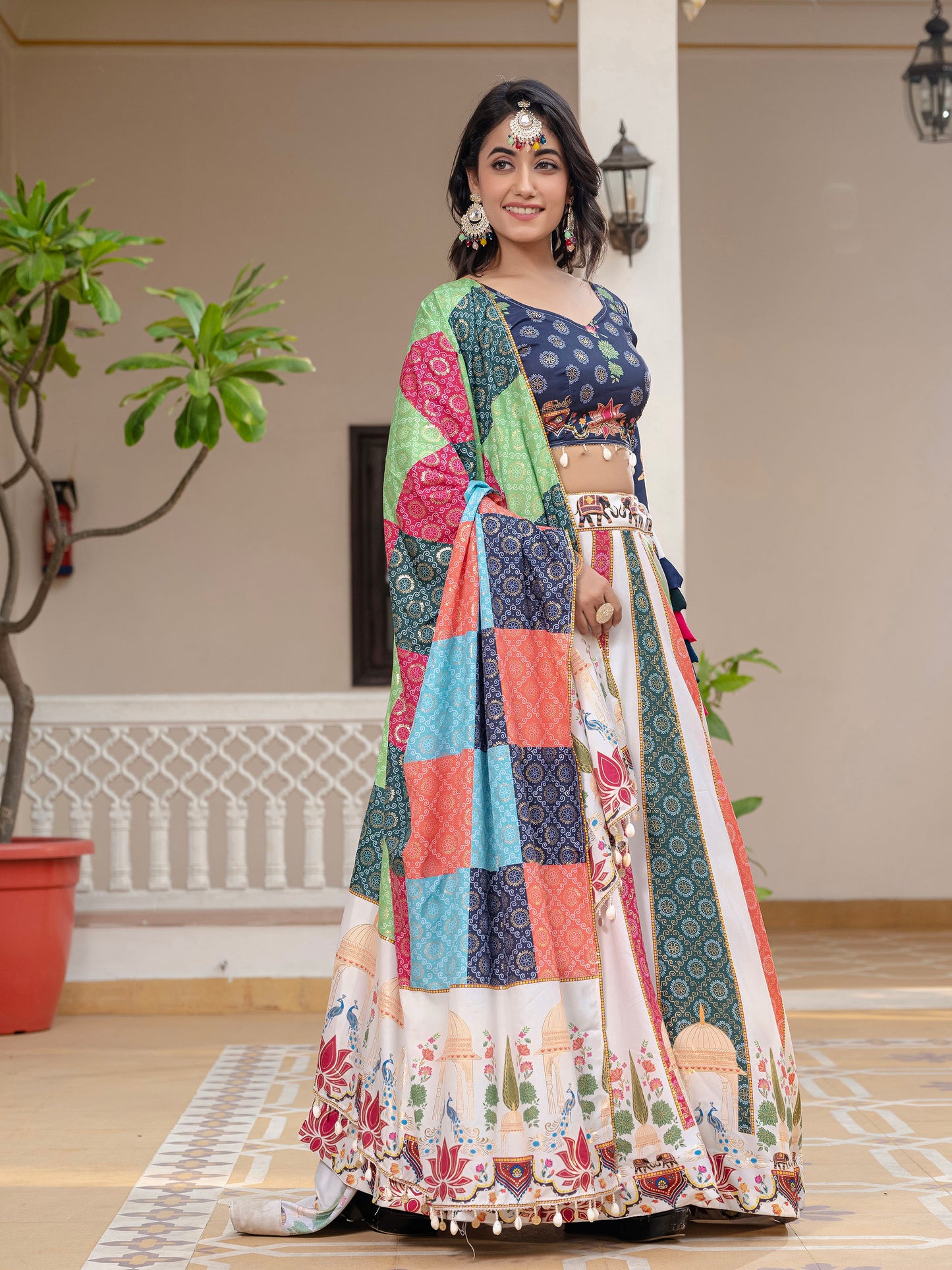 Blue & White Crepe Silk Foil Printed Navratri  Chaniya Choli