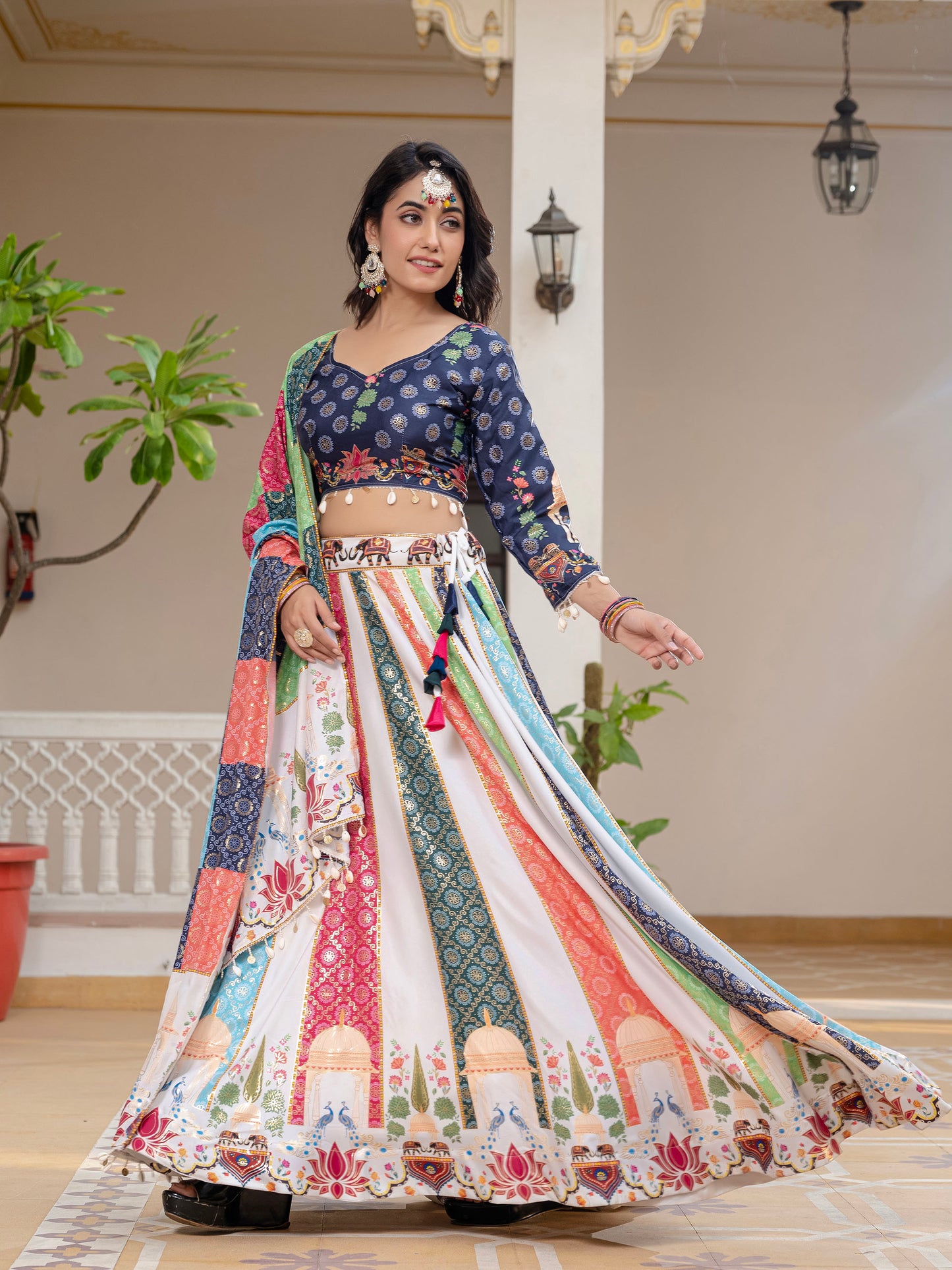Blue & White Crepe Silk Foil Printed Navratri  Chaniya Choli