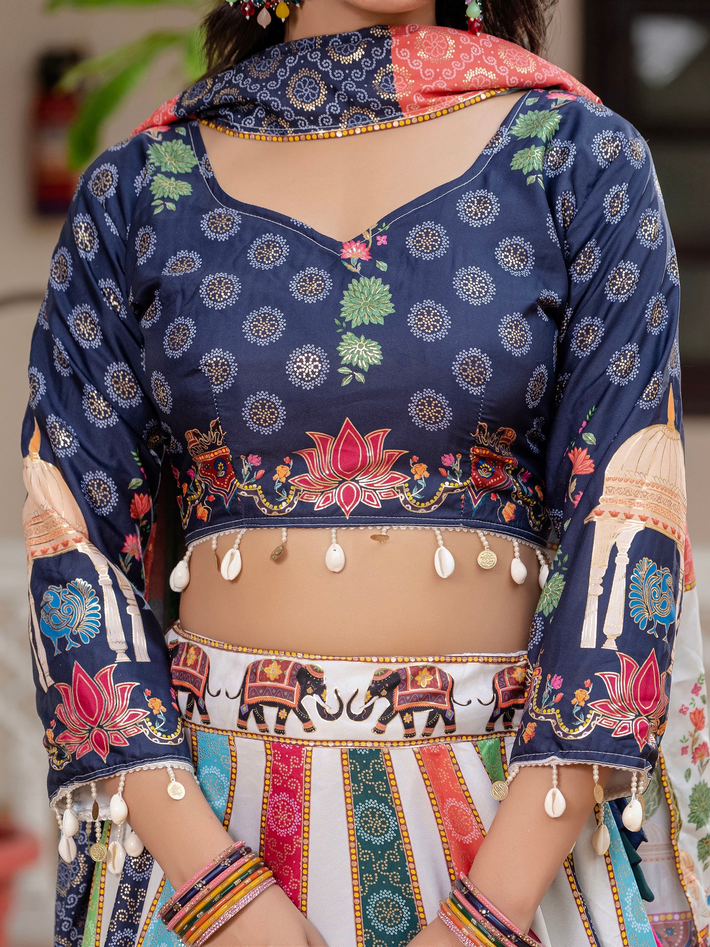 Blue & White Crepe Silk Foil Printed Navratri  Chaniya Choli