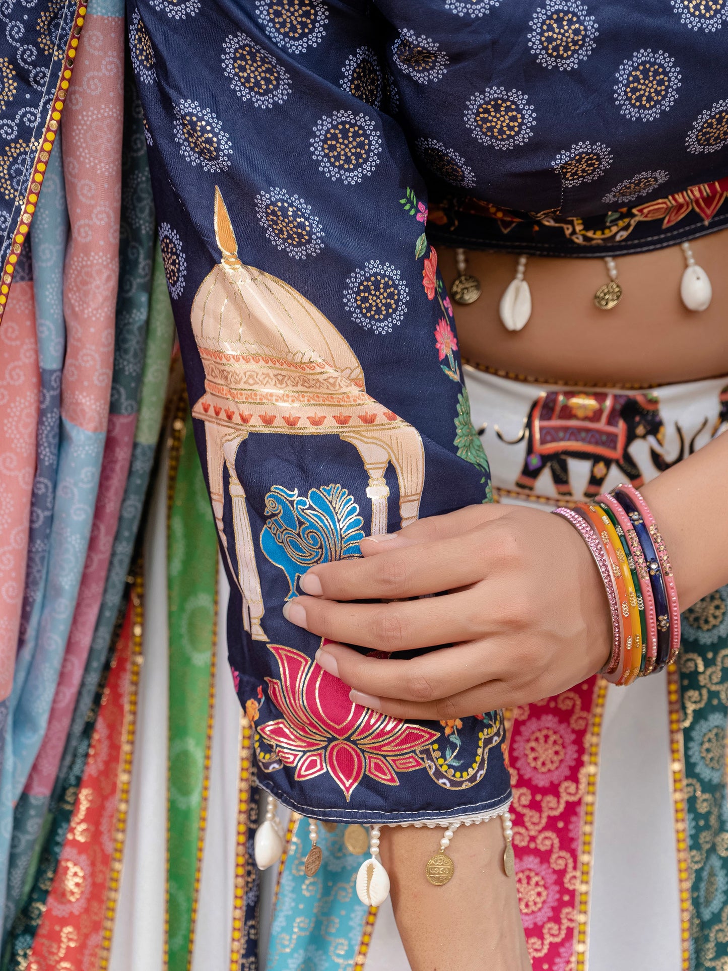 Blue & White Crepe Silk Foil Printed Navratri  Chaniya Choli