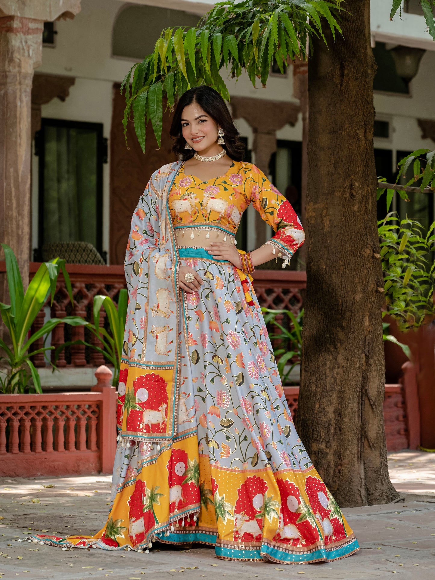 Yellow & Grey Crepe Silk Foil Printed Navratri  Chaniya Choli