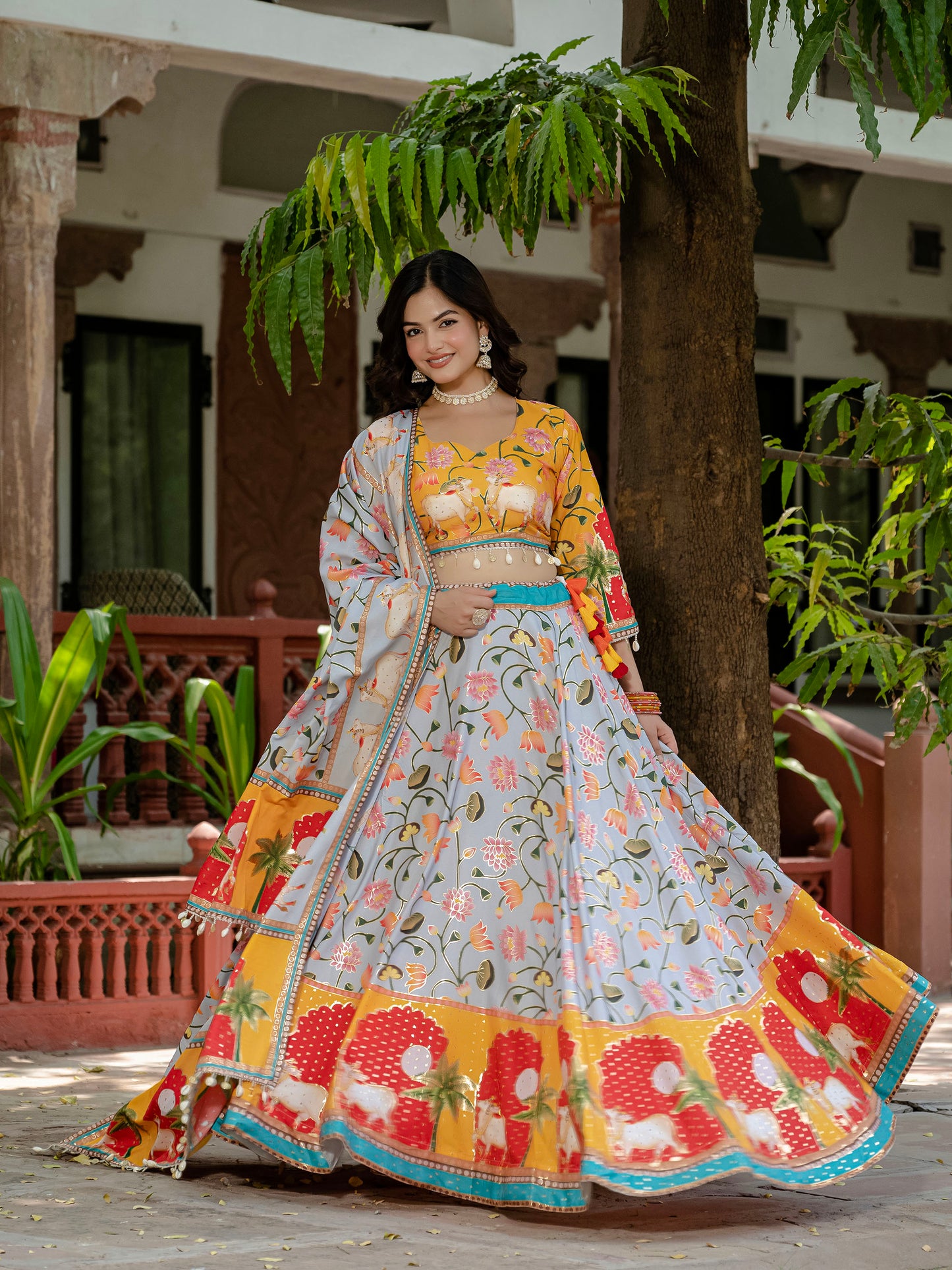 Yellow & Grey Crepe Silk Foil Printed Navratri  Chaniya Choli