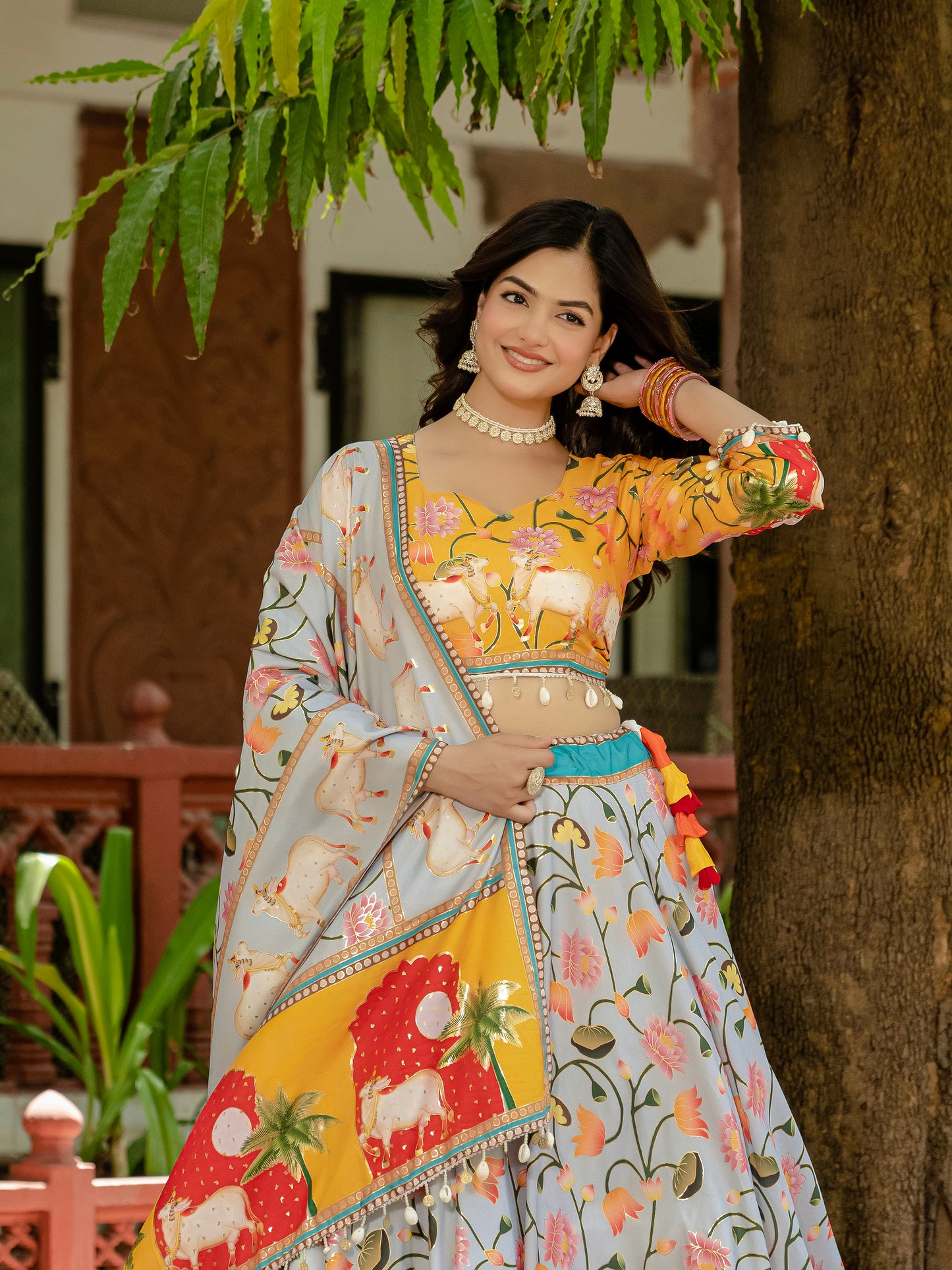 Yellow & Grey Crepe Silk Foil Printed Navratri  Chaniya Choli