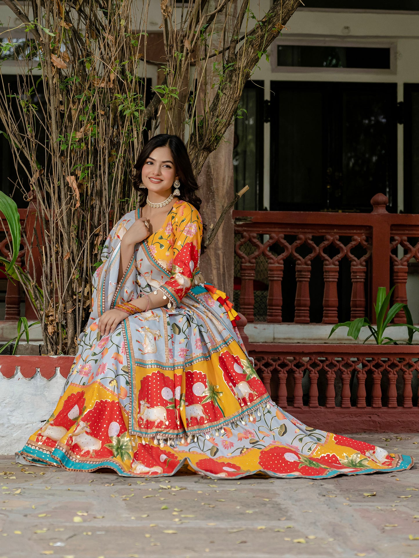 Yellow & Grey Crepe Silk Foil Printed Navratri  Chaniya Choli