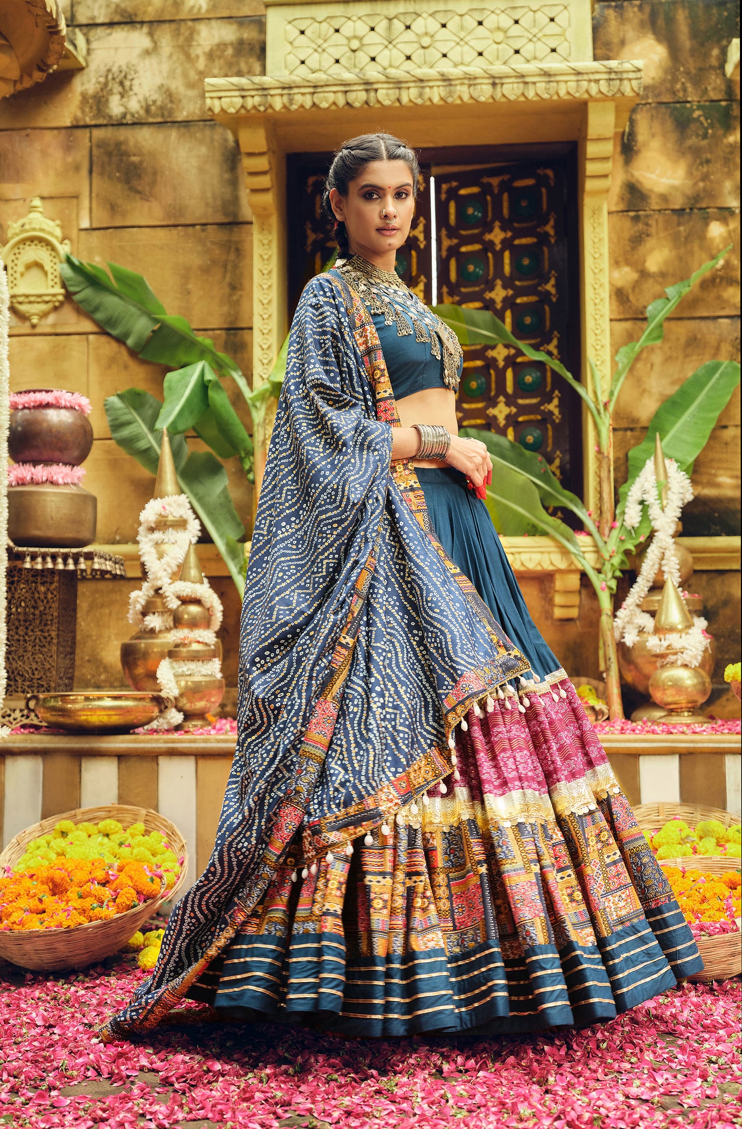 Blue Rayon Foil Printed Navratri  Chaniya Choli