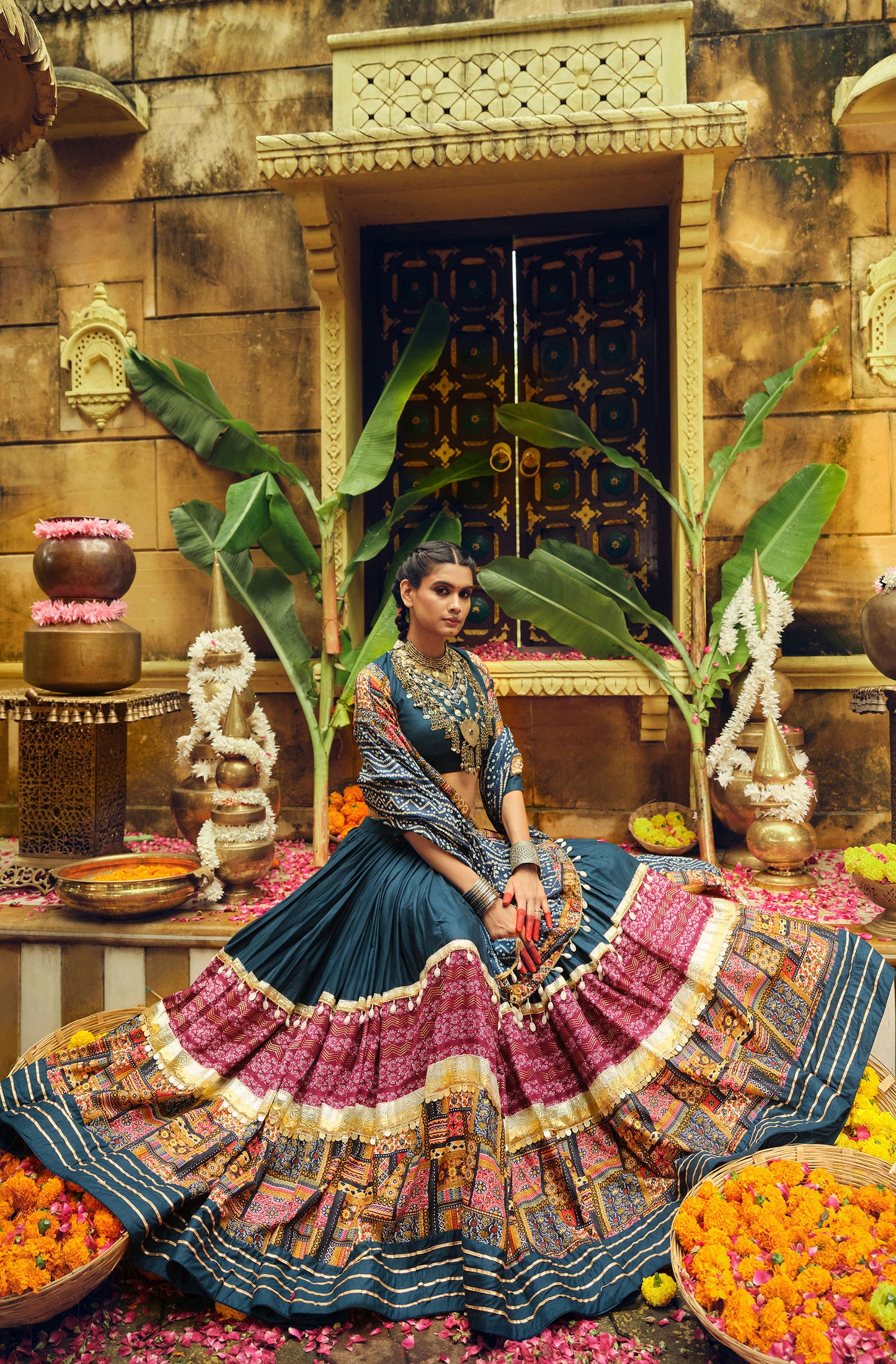 Blue Rayon Foil Printed Navratri  Chaniya Choli