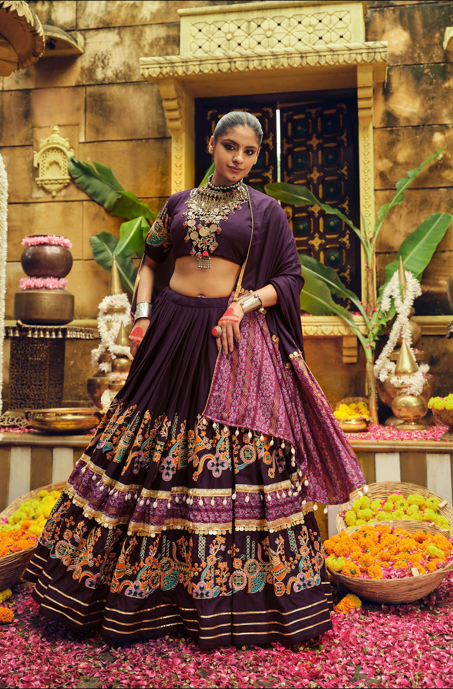 Purple Rayon Foil Printed Navratri  Chaniya Choli