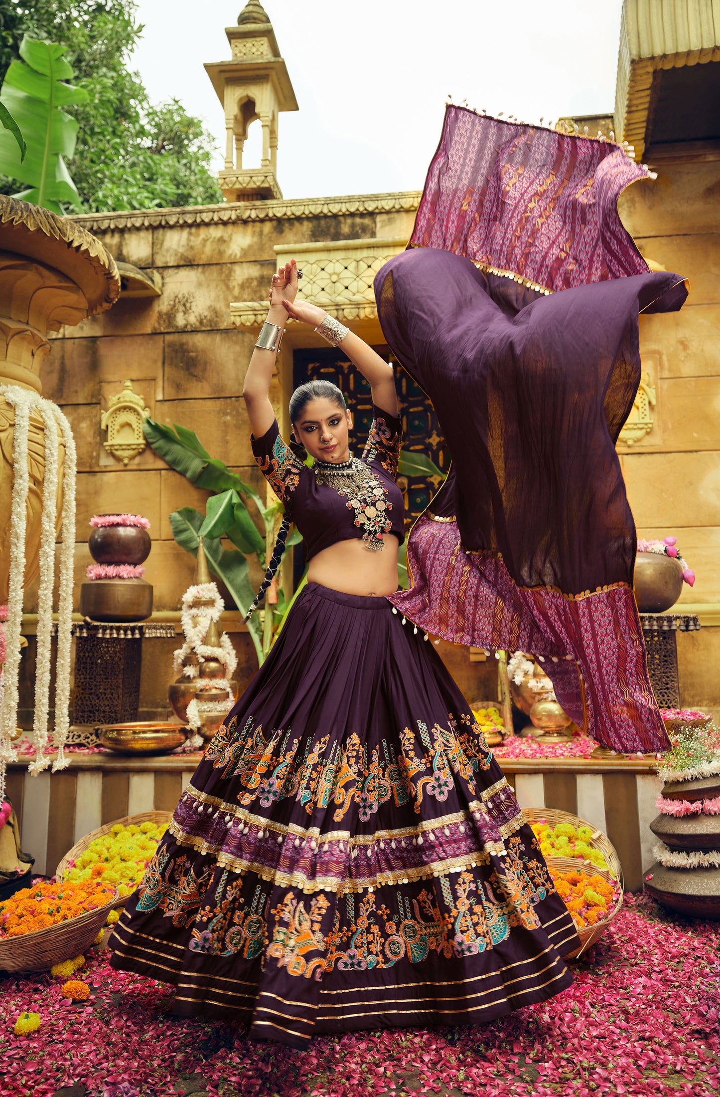 Purple Rayon Foil Printed Navratri  Chaniya Choli