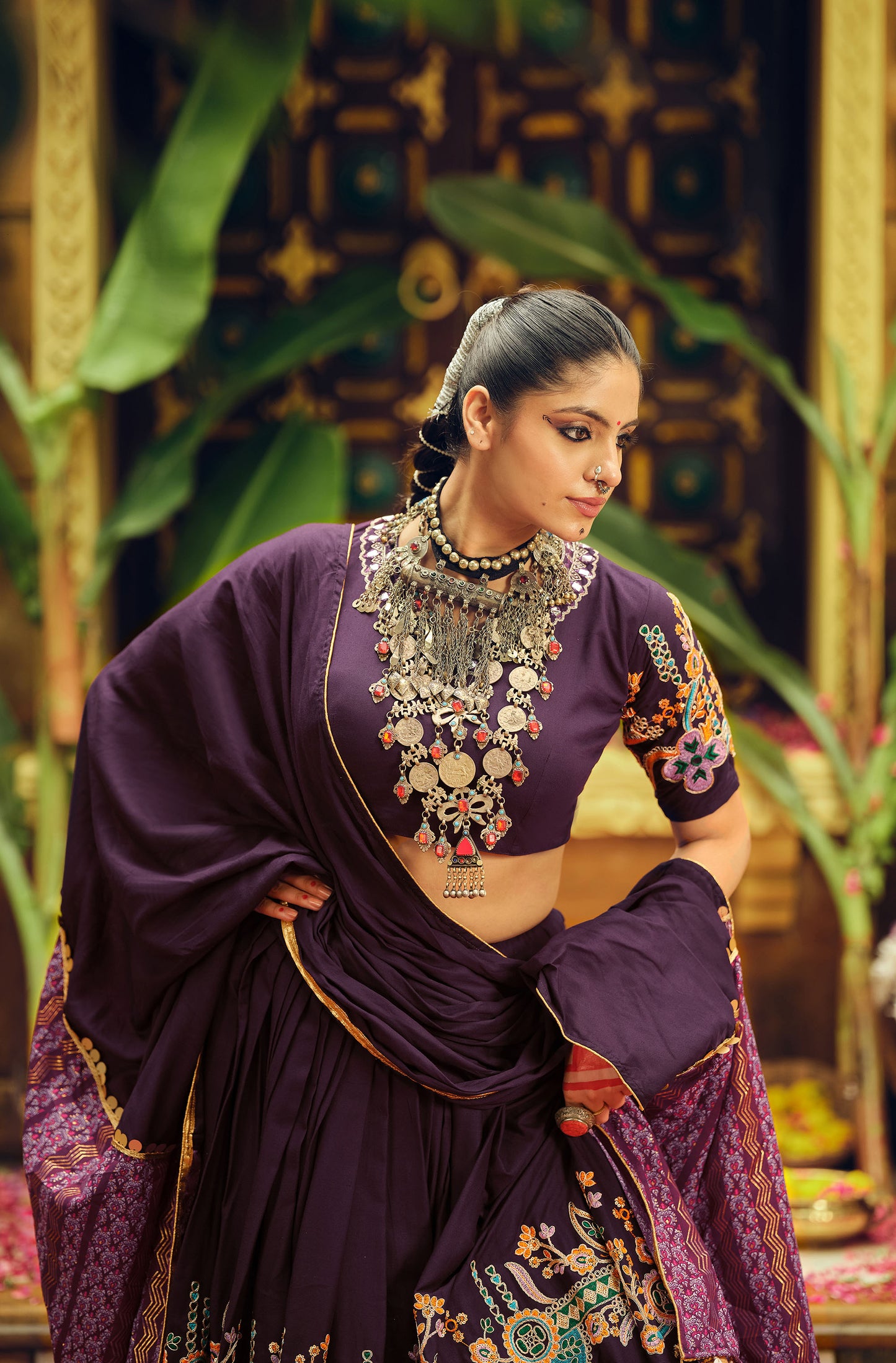 Purple Rayon Foil Printed Navratri  Chaniya Choli