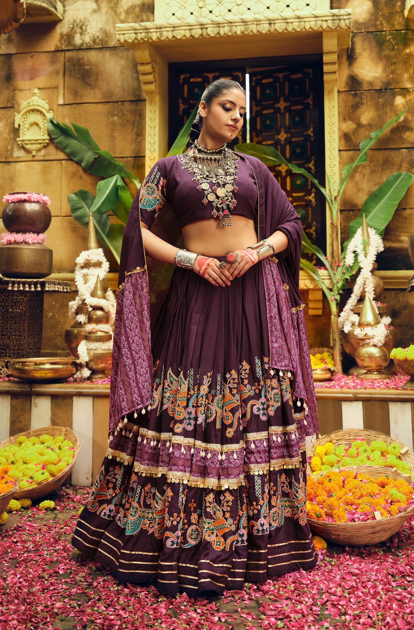 Purple Rayon Foil Printed Navratri  Chaniya Choli