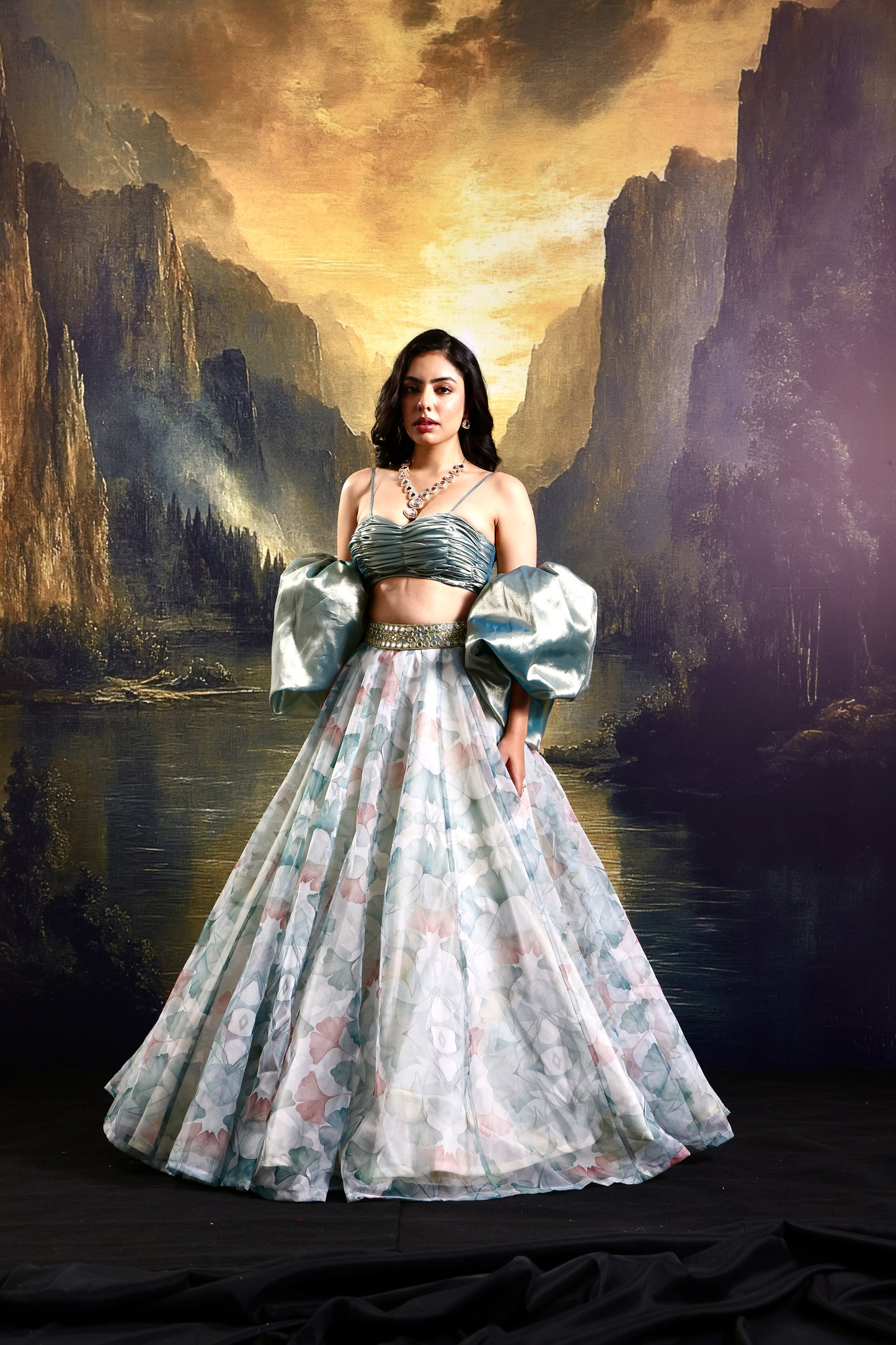 White and sage Jasmine lehenga set