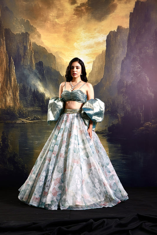 White and sage Jasmine lehenga set