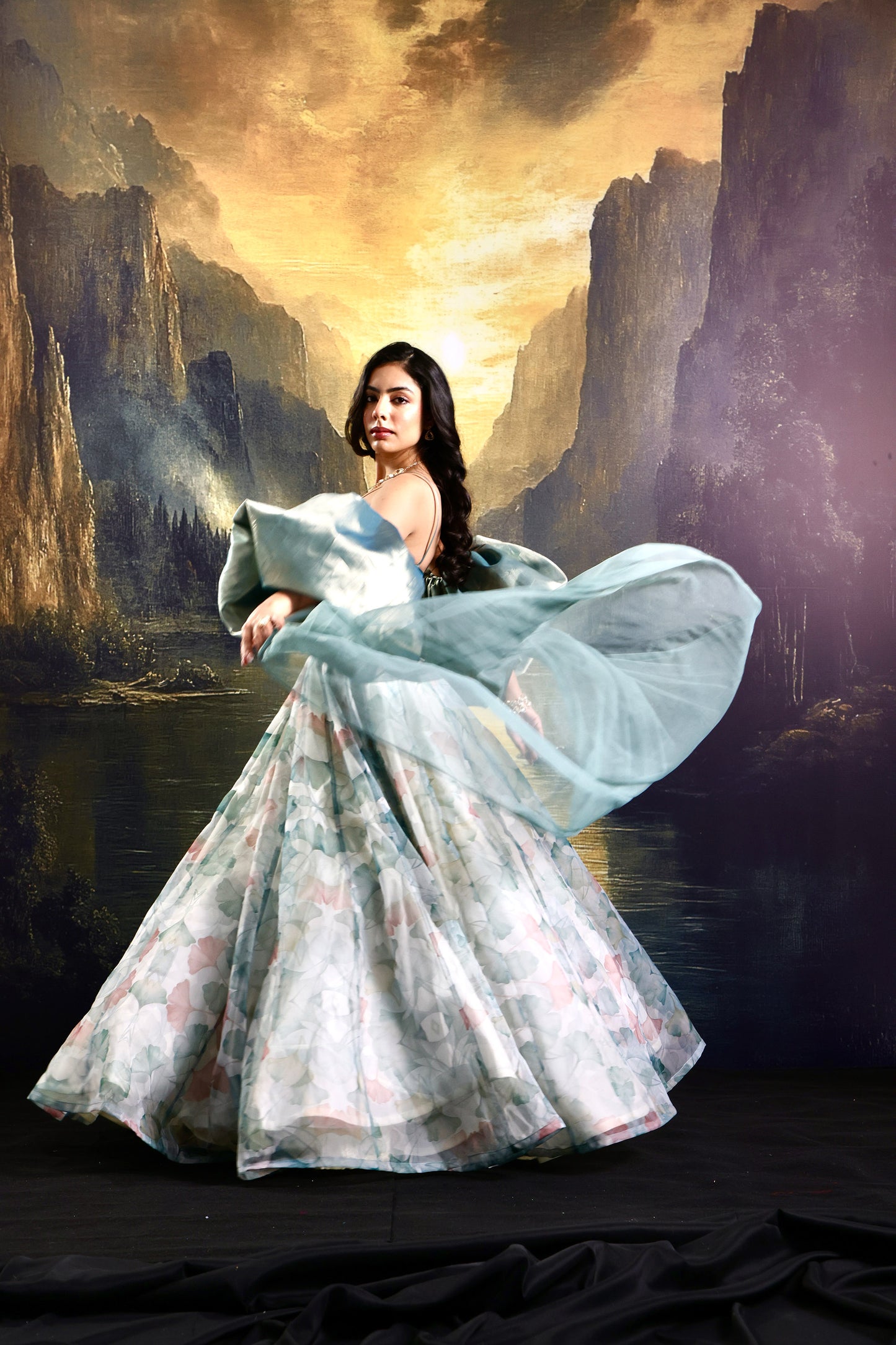 White and sage Jasmine lehenga set