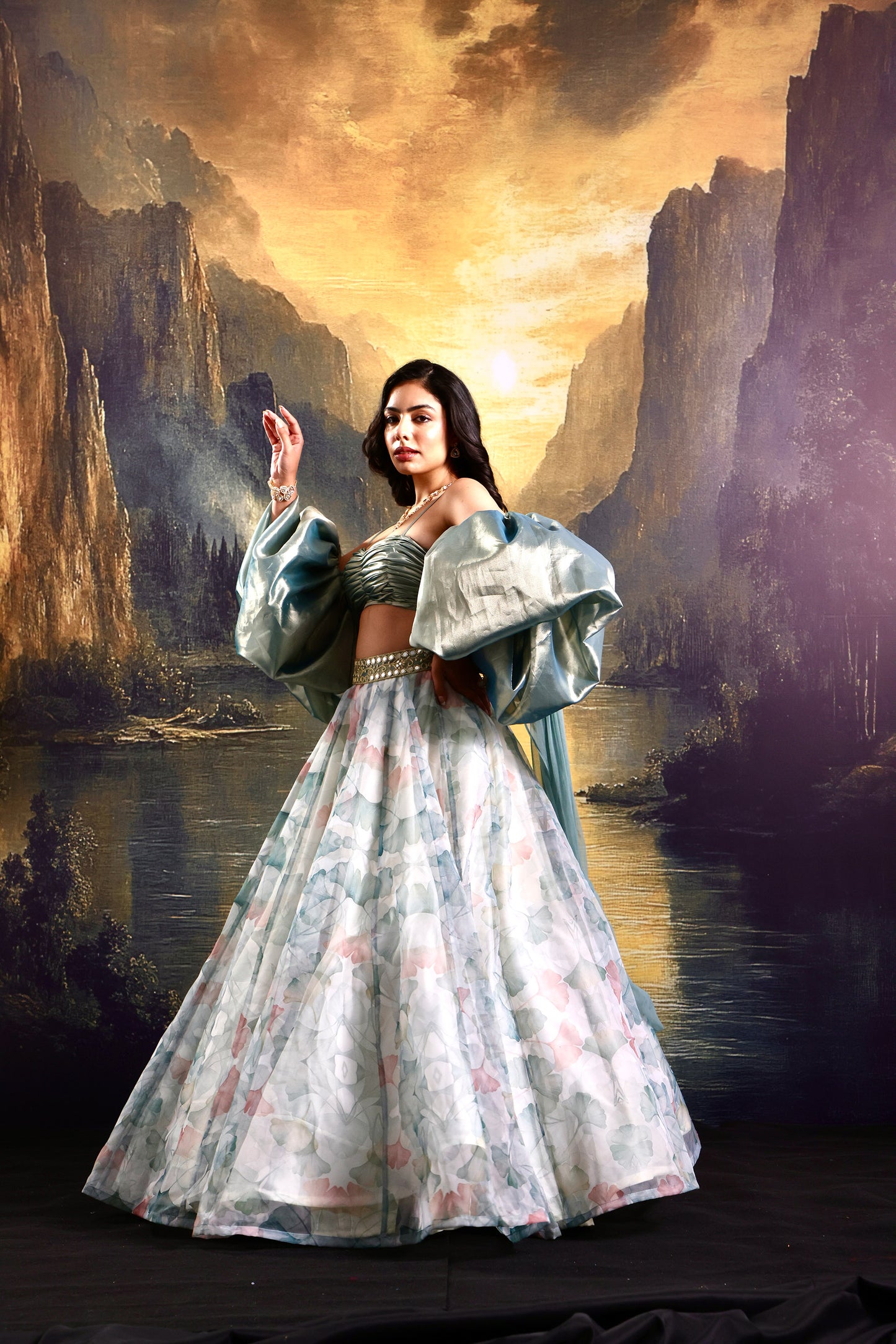 White and sage Jasmine lehenga set