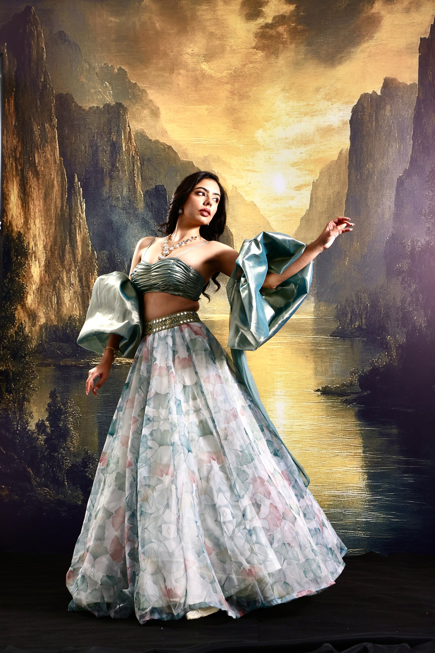 White and sage Jasmine lehenga set