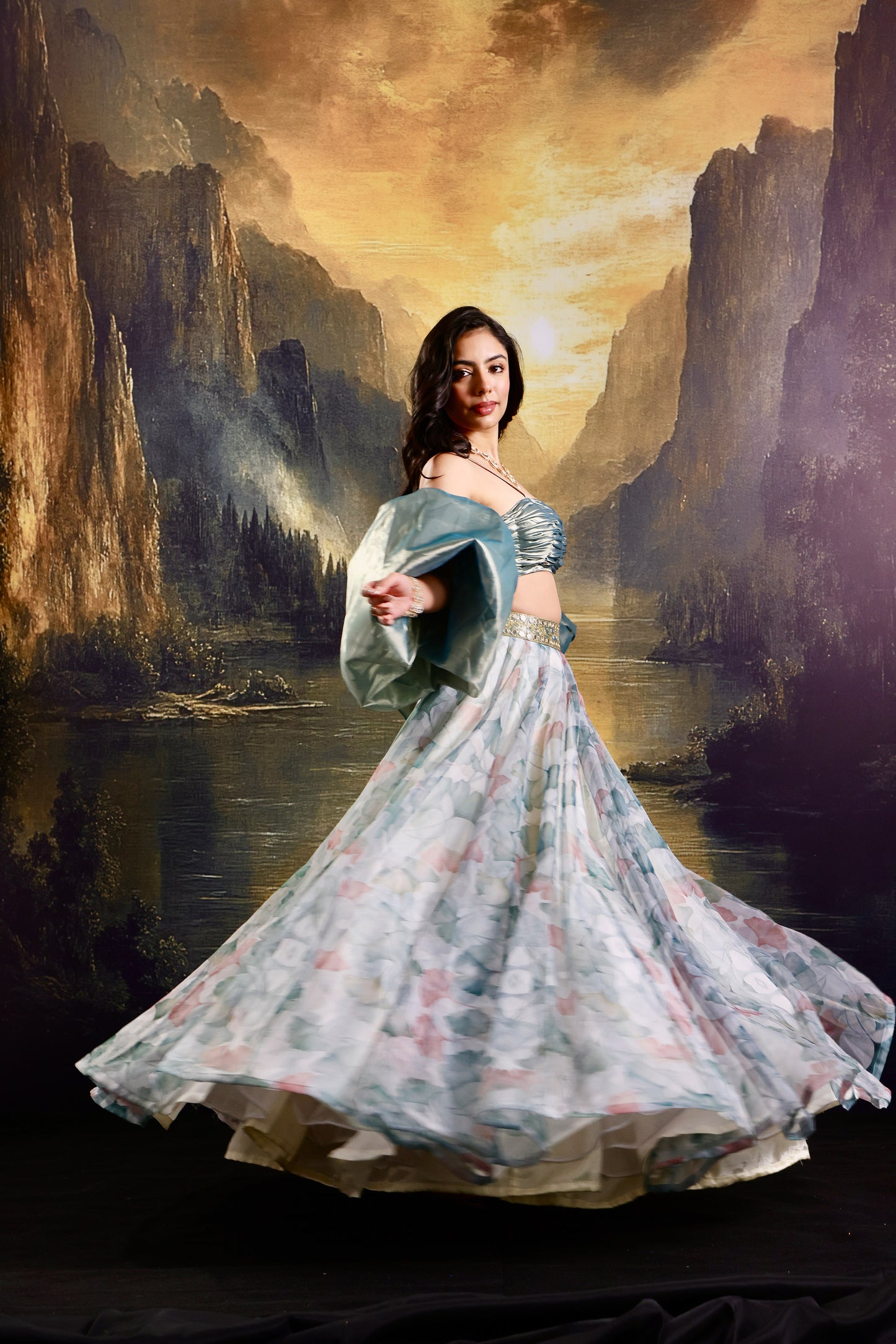 White and sage Jasmine lehenga set