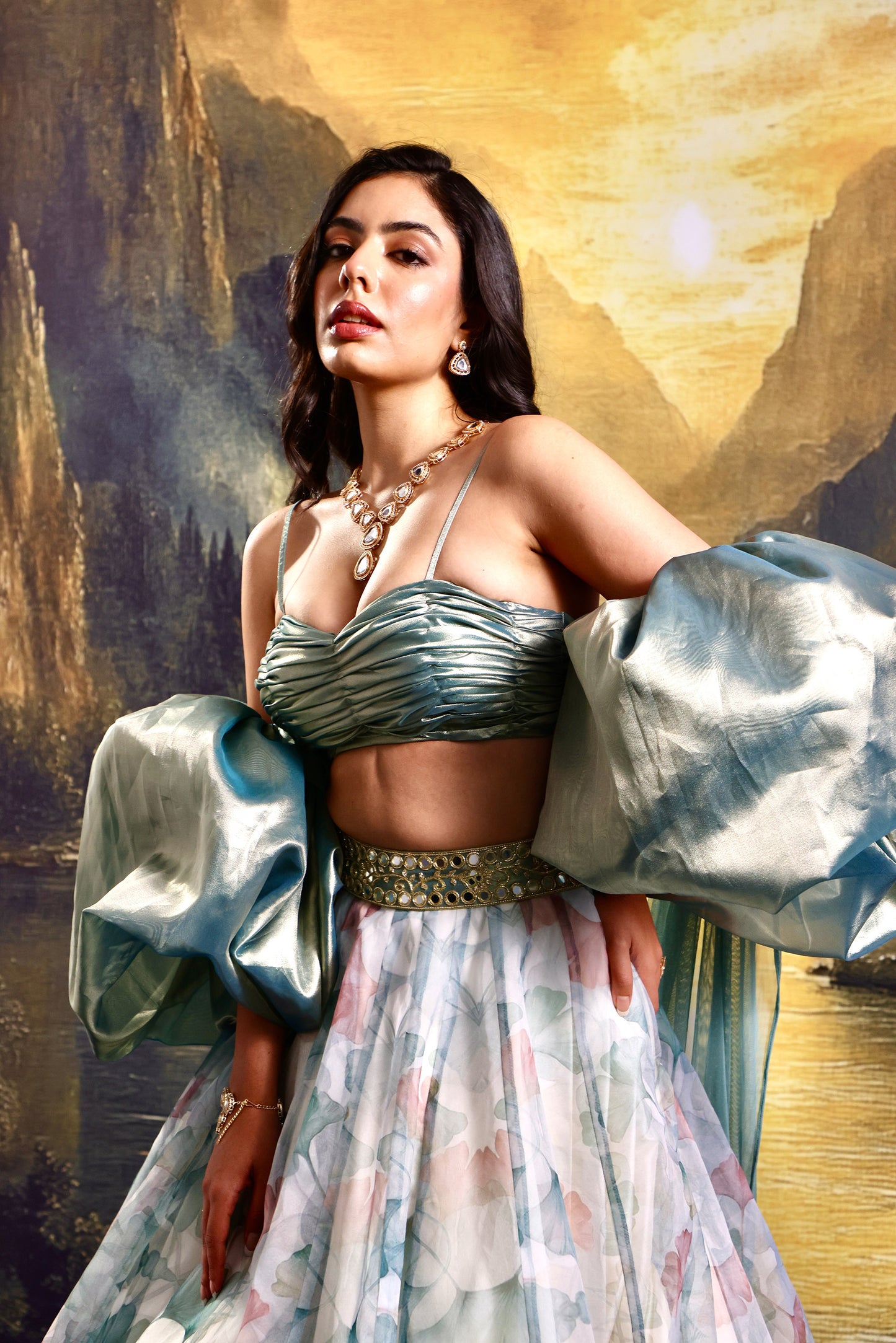 White and sage Jasmine lehenga set