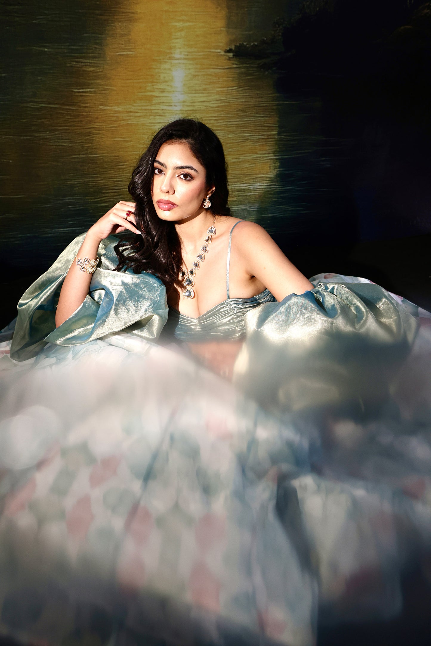 White and sage Jasmine lehenga set