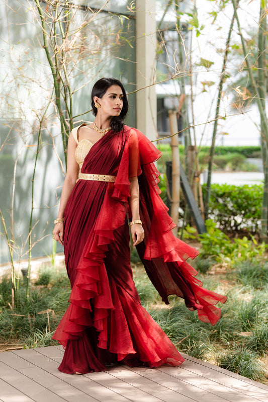 Maroon Lasha saree set