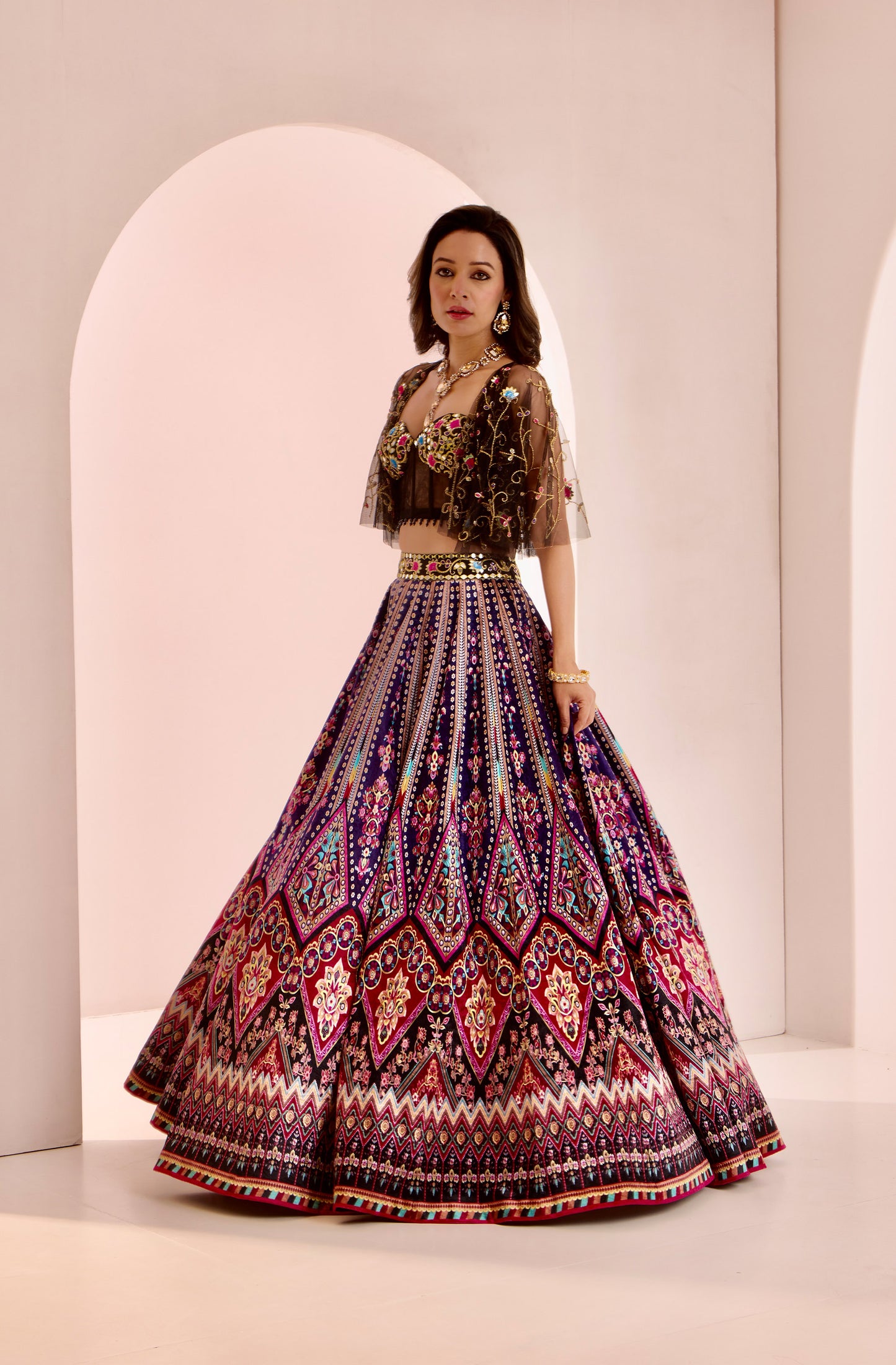 Black multi color Saanjh lehenga set