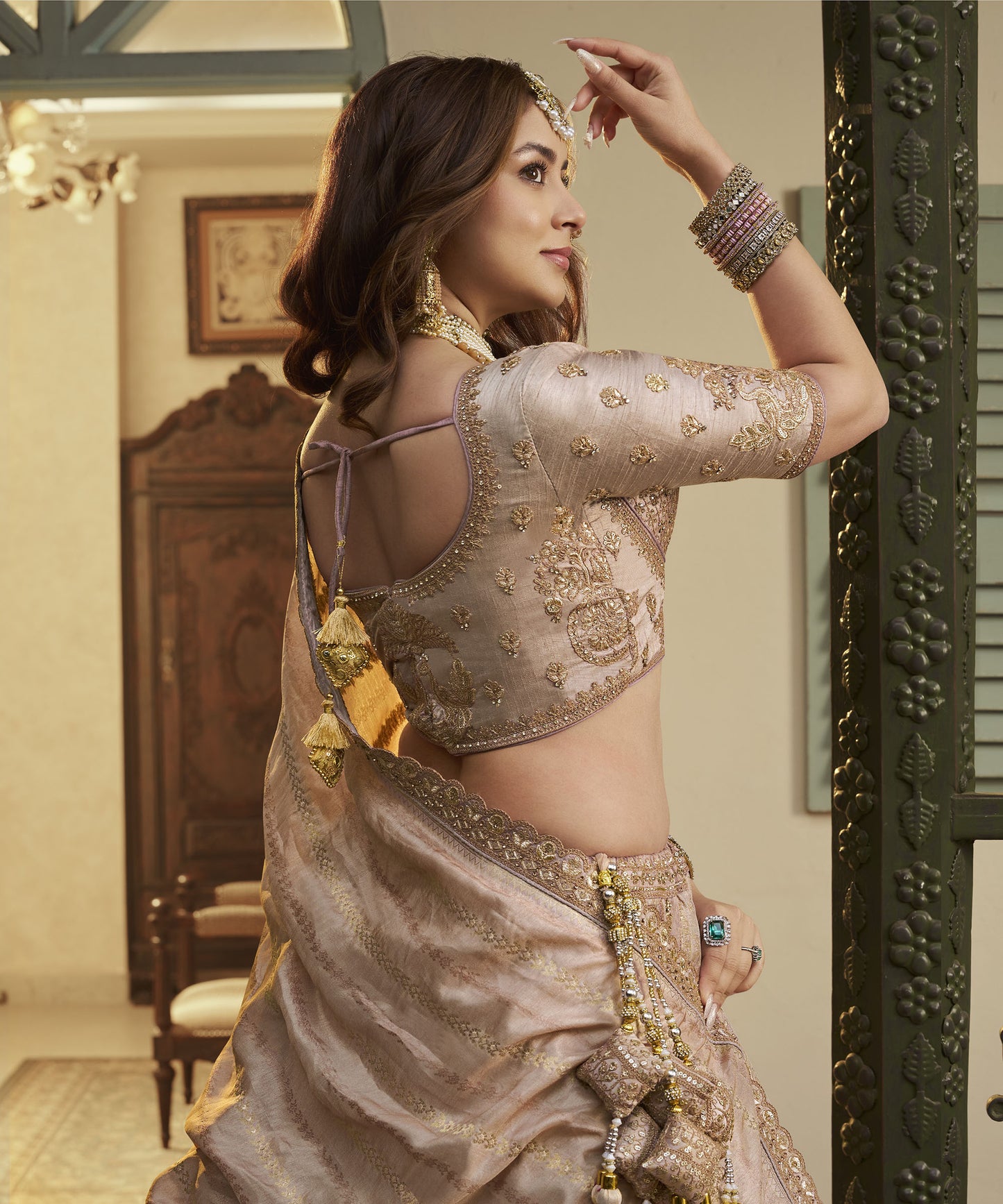 Flamingo Pink Banarasi Silk Sequins & Swarovski Work Bridal Lehenga