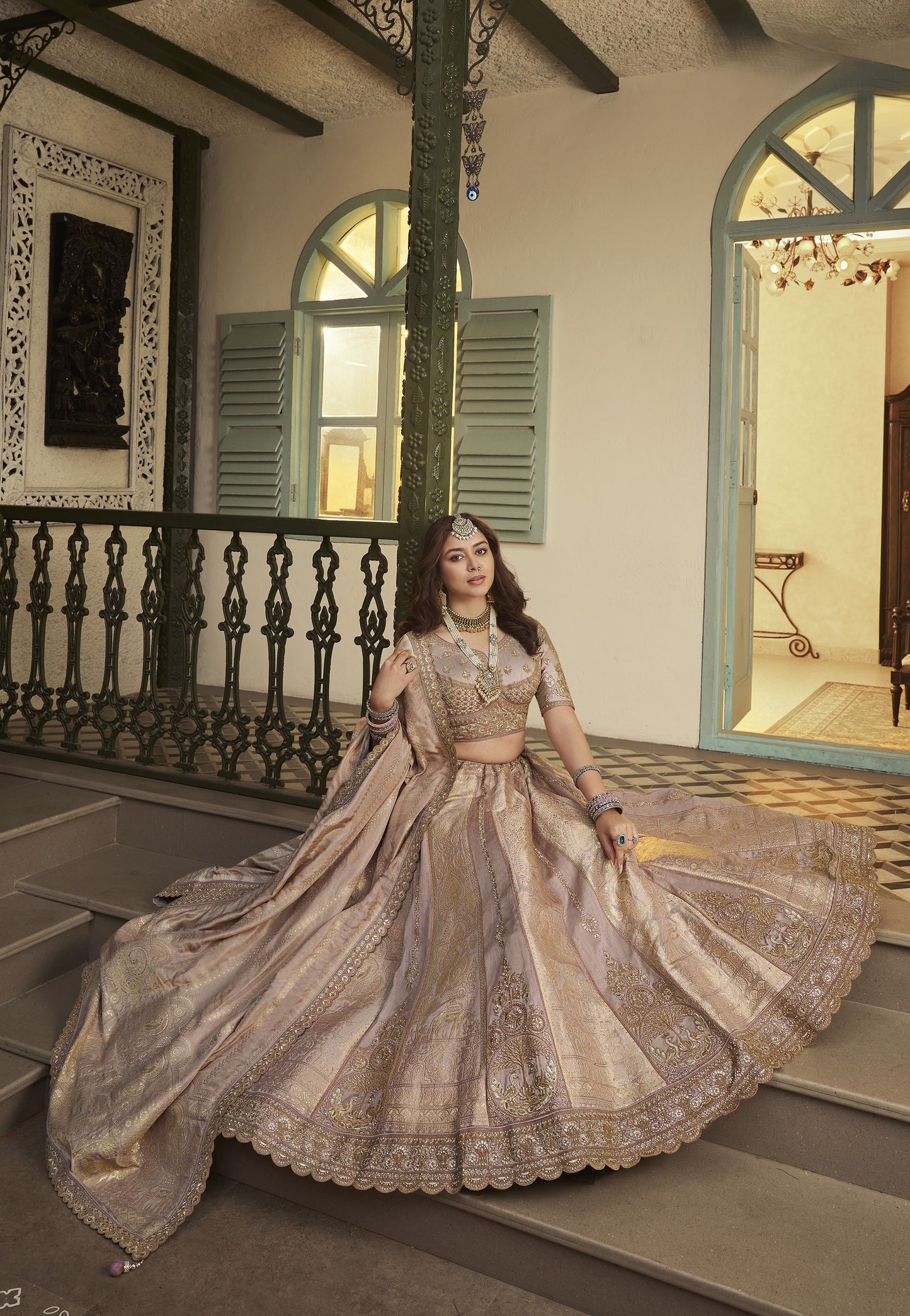 Flamingo Pink Banarasi Silk Sequins & Swarovski Work Bridal Lehenga