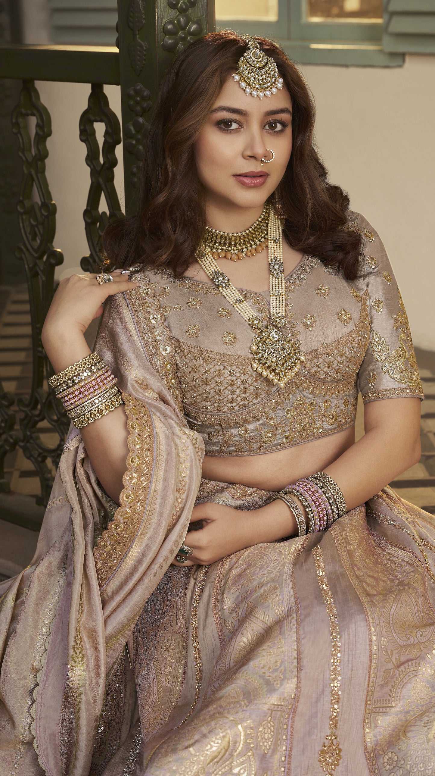 Flamingo Pink Banarasi Silk Sequins & Swarovski Work Bridal Lehenga