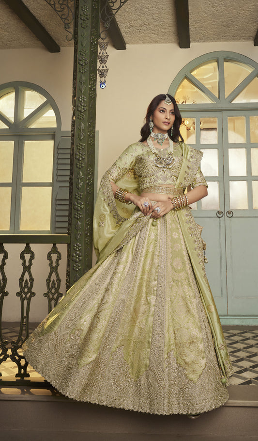 Pista Green Banarasi Silk Sequins & Swarovski Work Bridal Lehenga for Mehendi