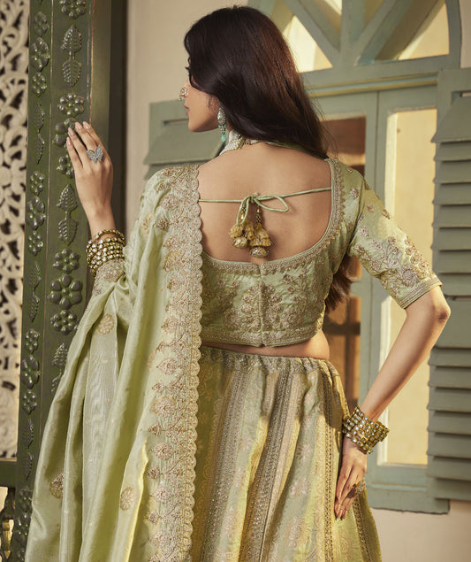 Pista Green Banarasi Silk Sequins & Swarovski Work Bridal Lehenga for Mehendi