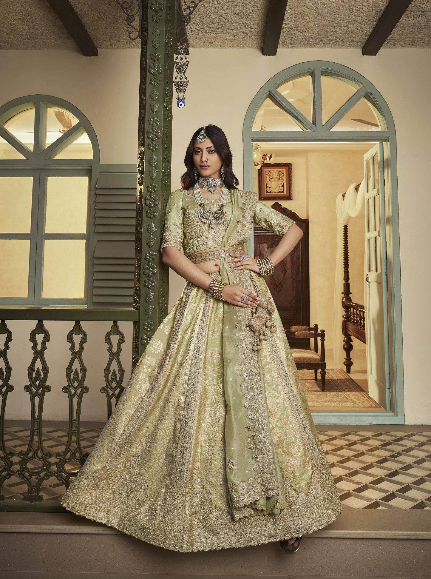 Pista Green Banarasi Silk Sequins & Swarovski Work Bridal Lehenga for Mehendi