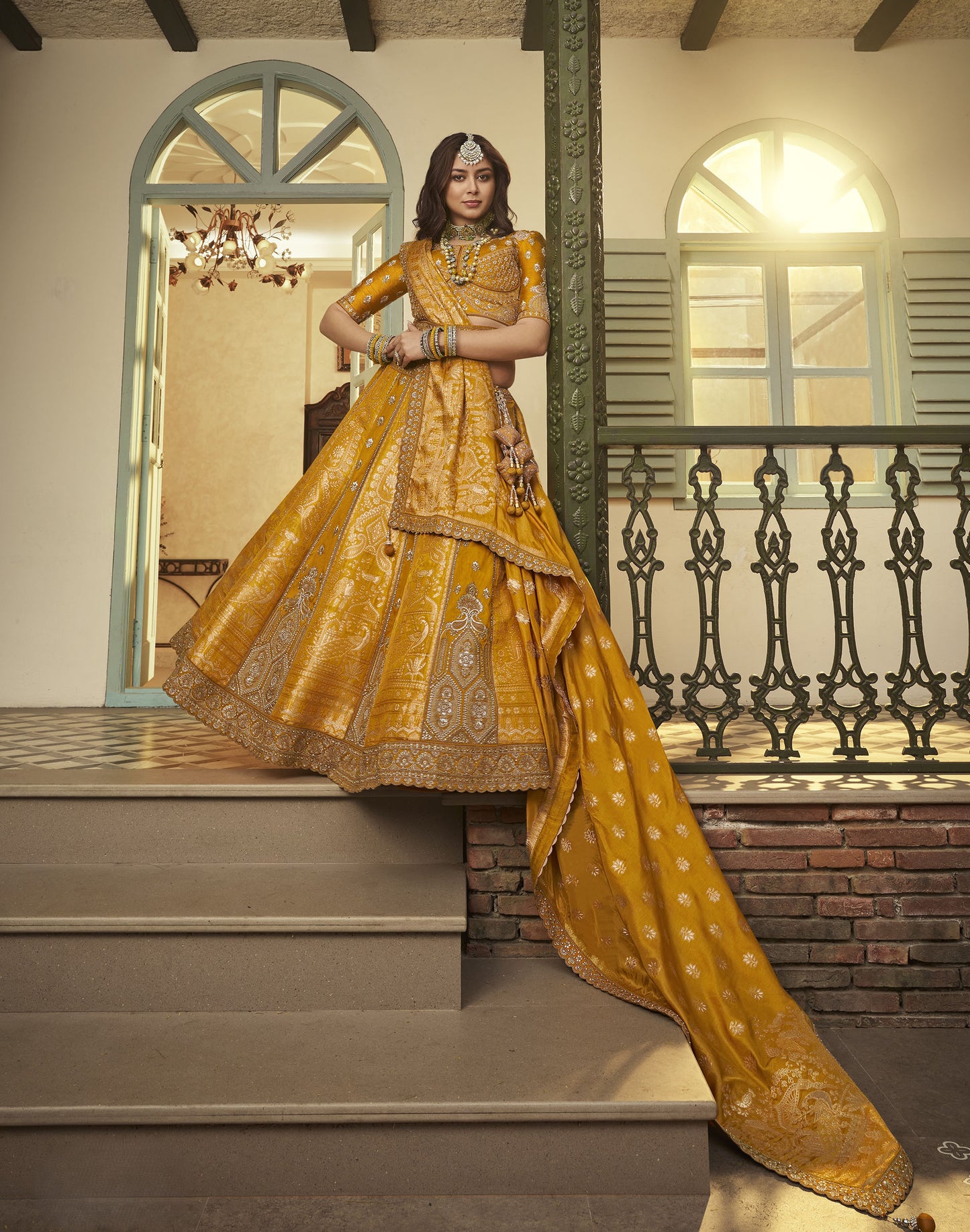 Yellow Banarasi Silk Sequins & Swarovski Work Bridal Lehenga for Haldi