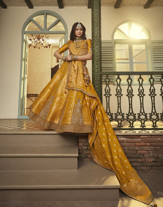 Yellow Banarasi Silk Sequins & Swarovski Work Bridal Lehenga for Haldi