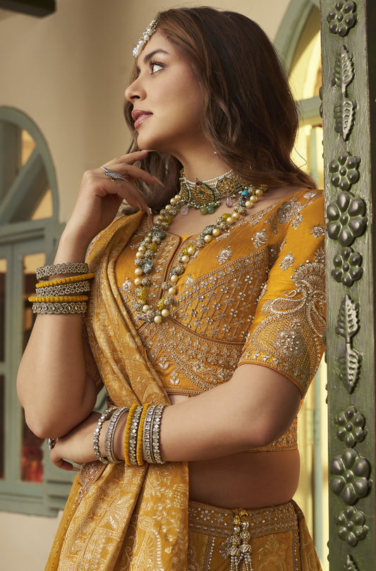 Yellow Banarasi Silk Sequins & Swarovski Work Bridal Lehenga for Haldi