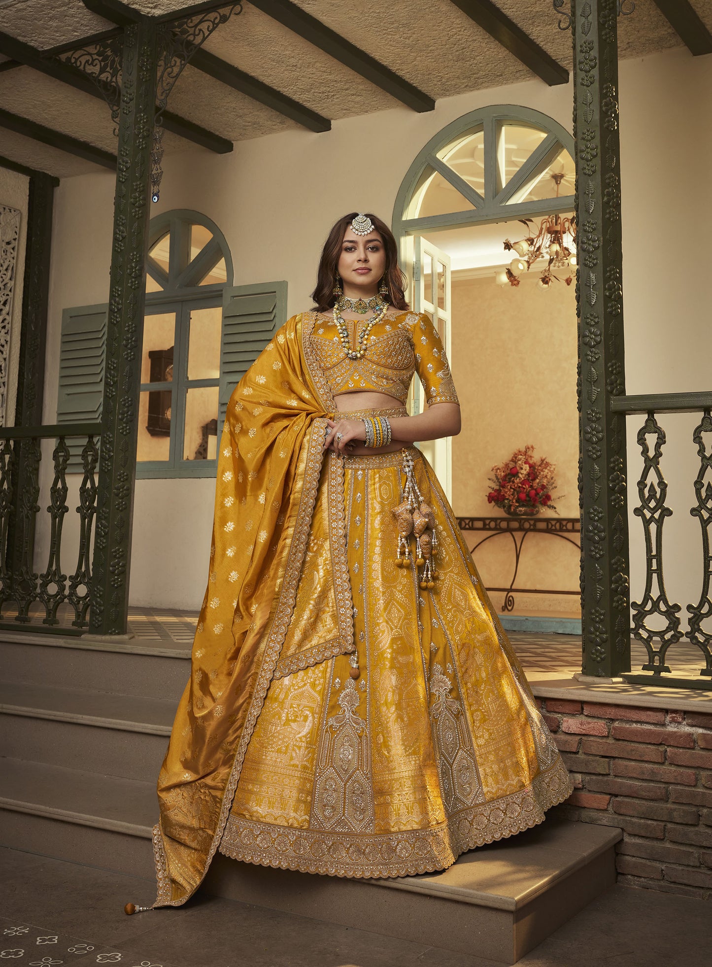 Yellow Banarasi Silk Sequins & Swarovski Work Bridal Lehenga for Haldi