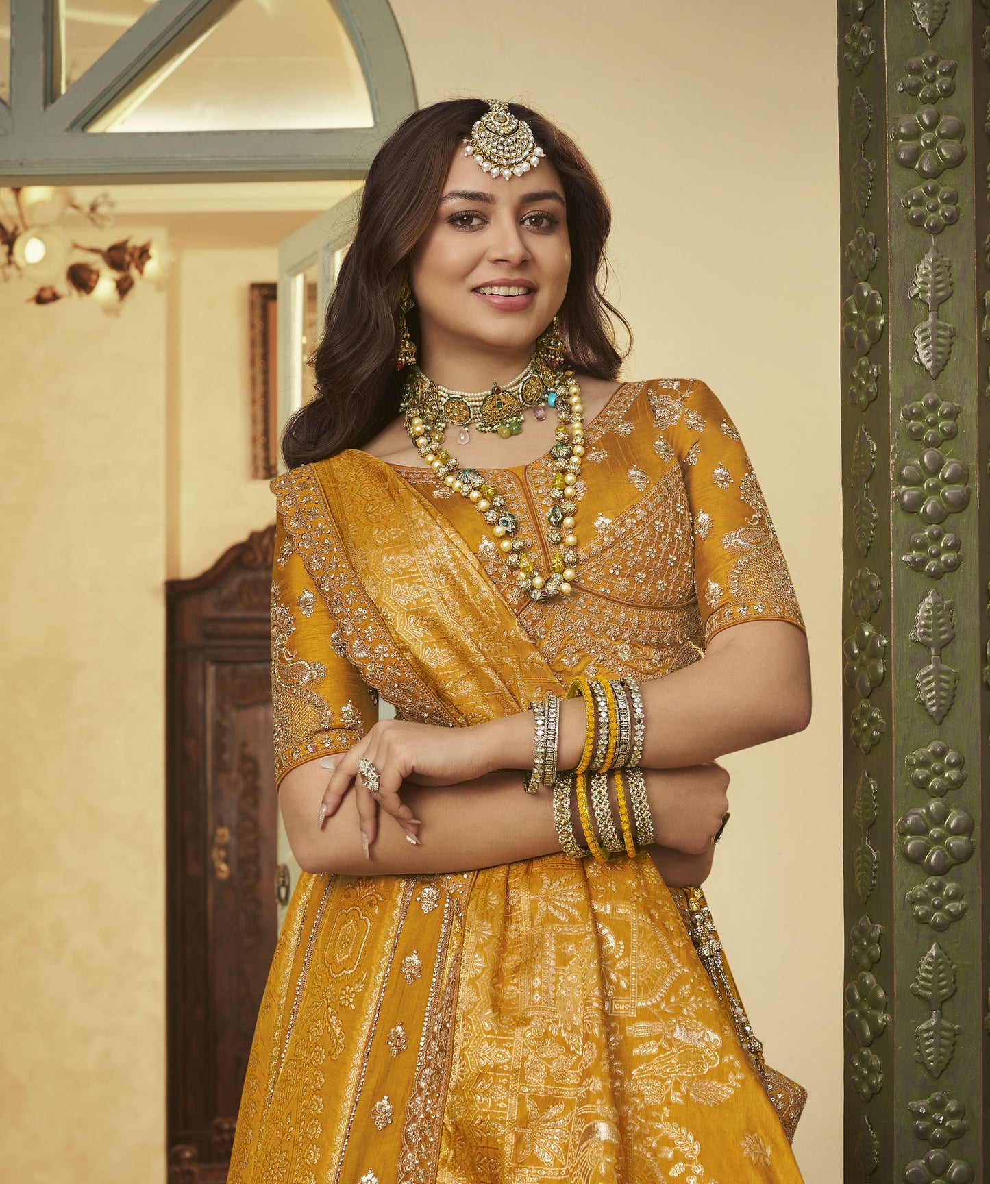 Yellow Banarasi Silk Sequins & Swarovski Work Bridal Lehenga for Haldi