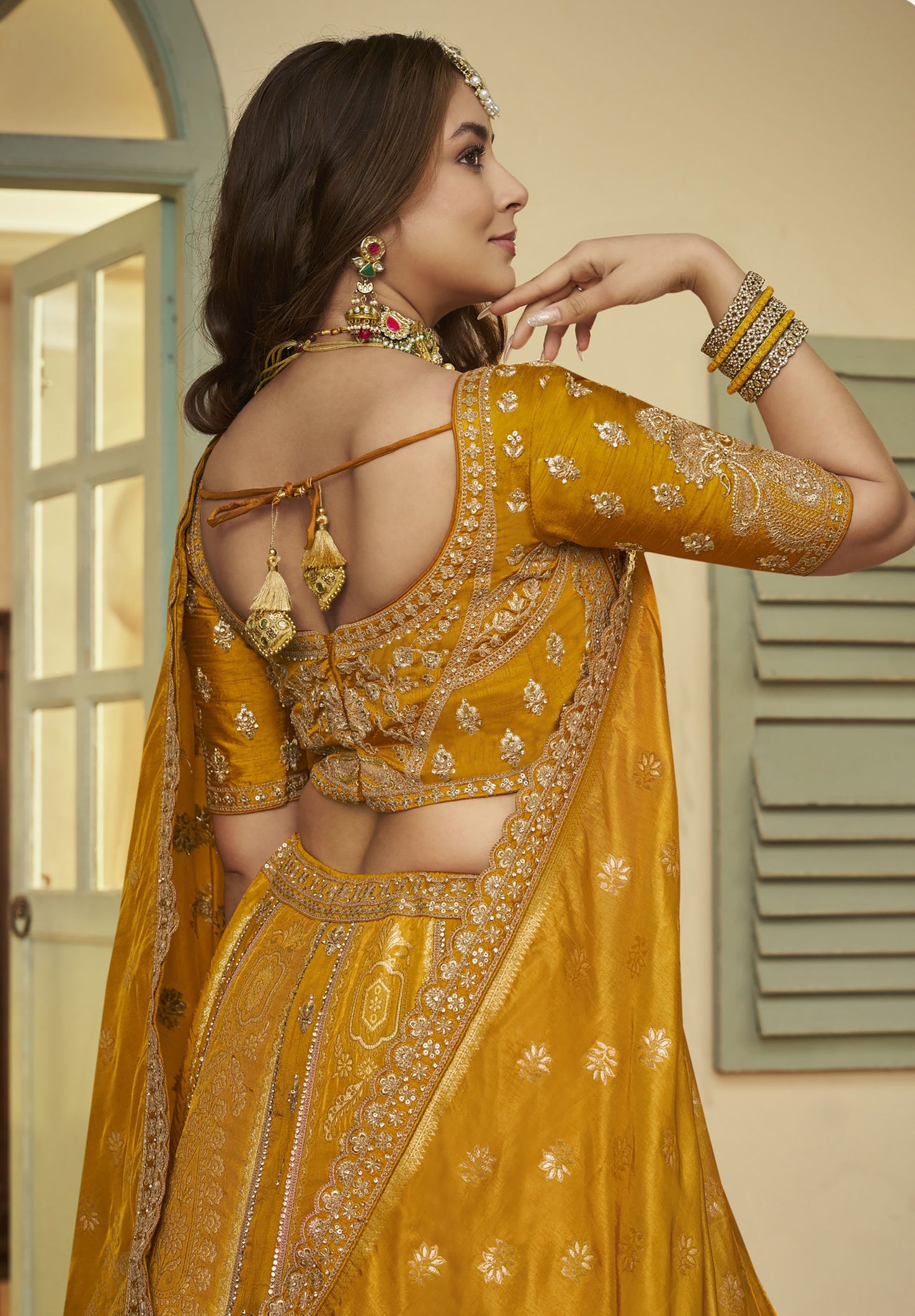 Yellow Banarasi Silk Sequins & Swarovski Work Bridal Lehenga for Haldi