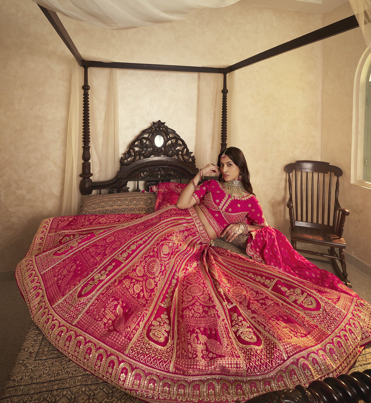 Royal Pink Banarasi Silk Sequins & Swarovski Work Bridal Lehenga for Wedding