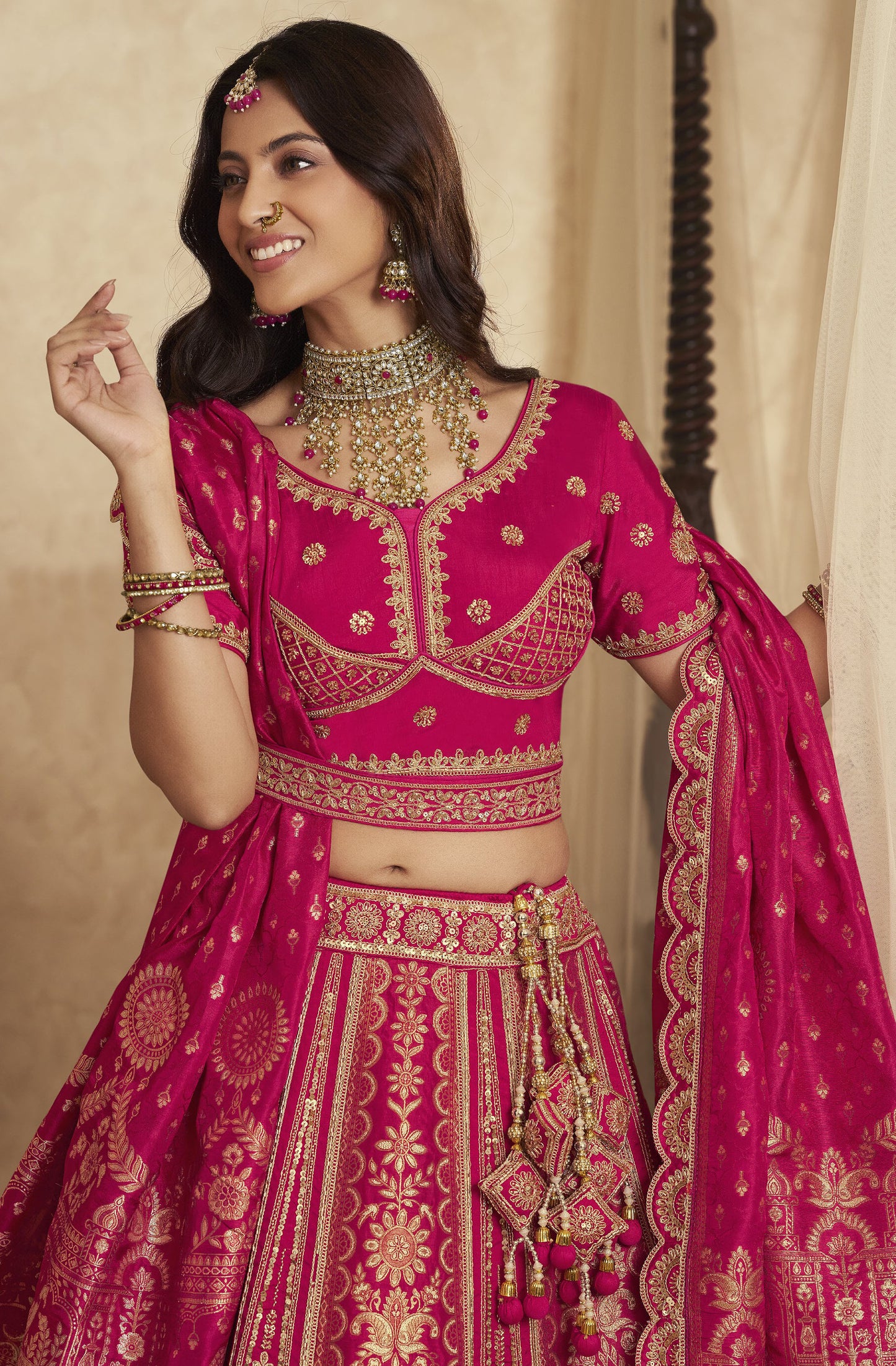 Royal Pink Banarasi Silk Sequins & Swarovski Work Bridal Lehenga for Wedding